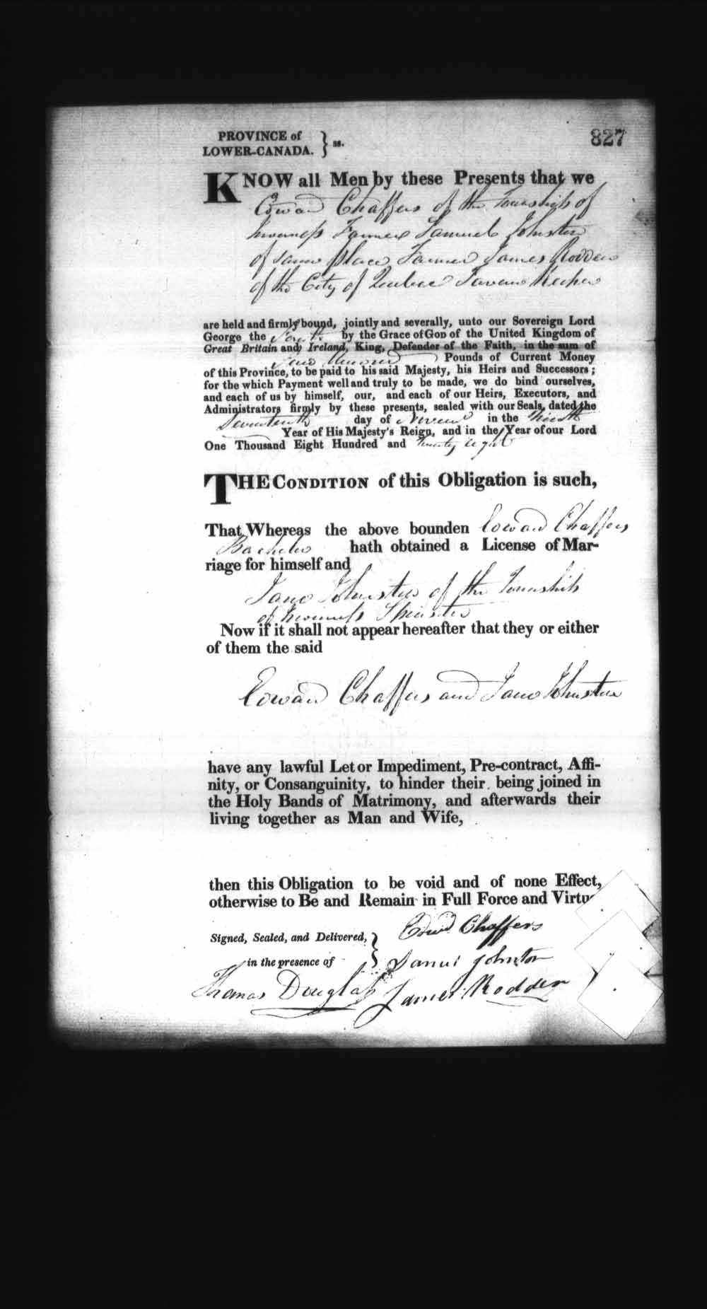 Digitized page of Upper and Lower Canada Marriage Bonds (1779-1865) for Image No.: e008236911