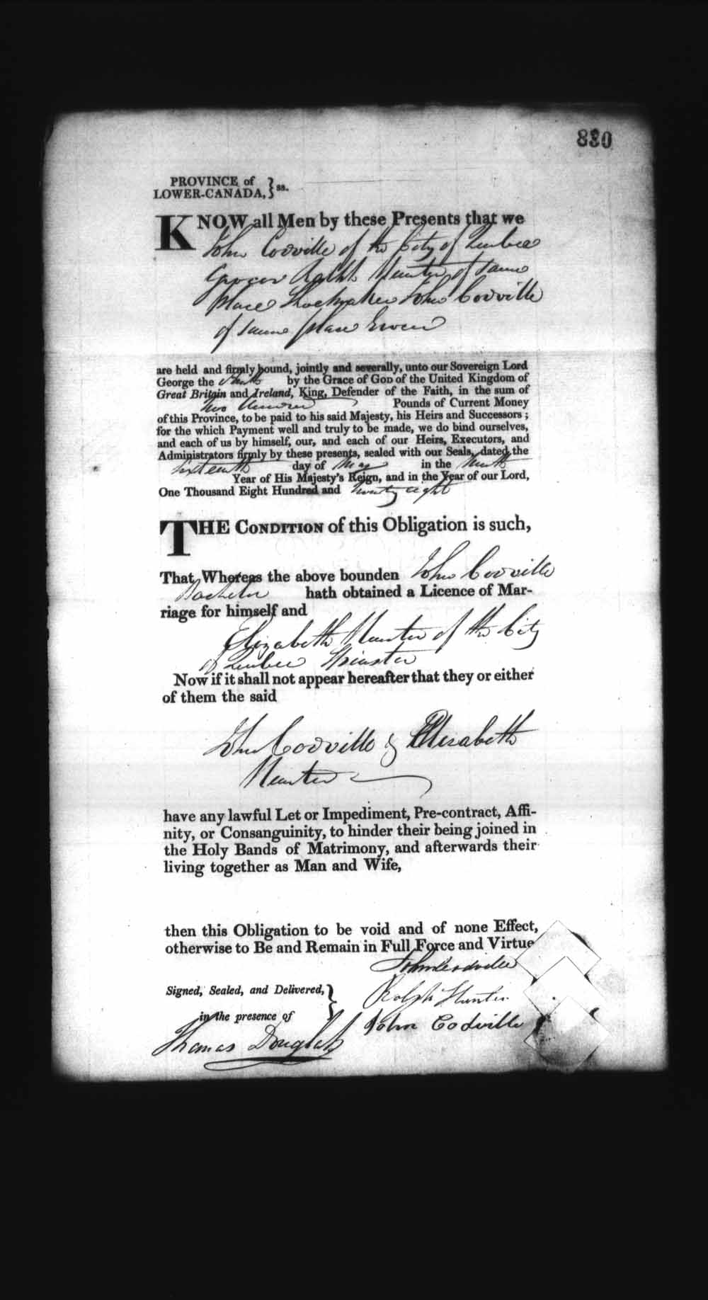 Digitized page of Upper and Lower Canada Marriage Bonds (1779-1865) for Image No.: e008236915