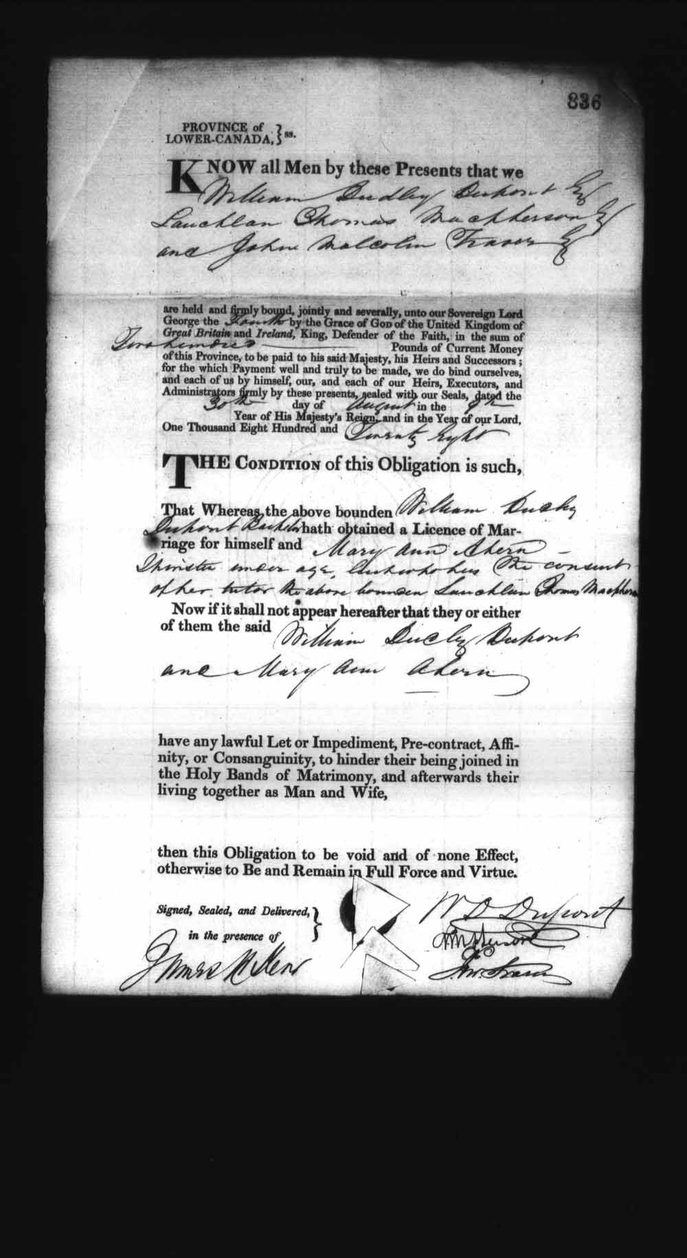 Digitized page of Upper and Lower Canada Marriage Bonds (1779-1865) for Image No.: e008236922