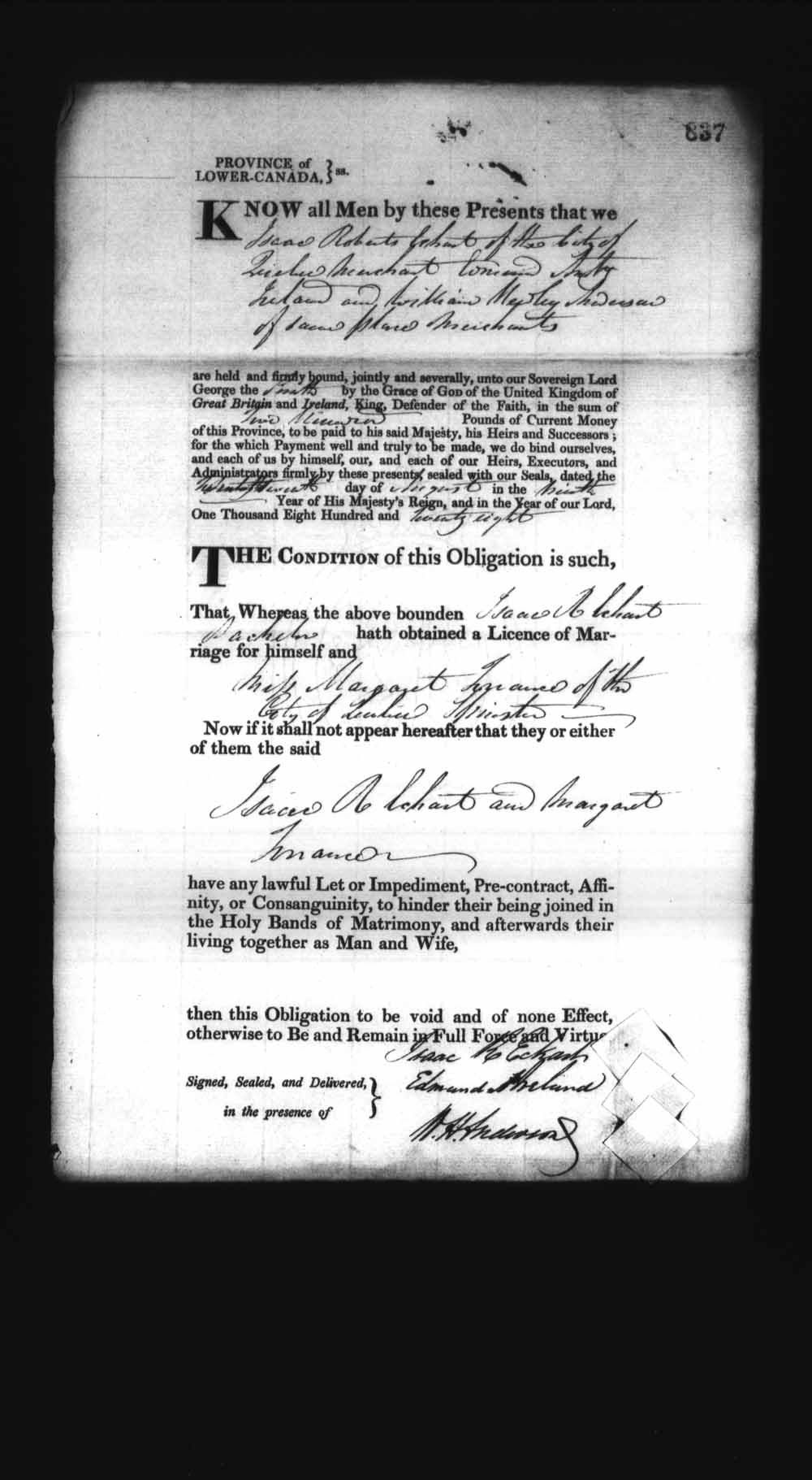 Digitized page of Upper and Lower Canada Marriage Bonds (1779-1865) for Image No.: e008236923