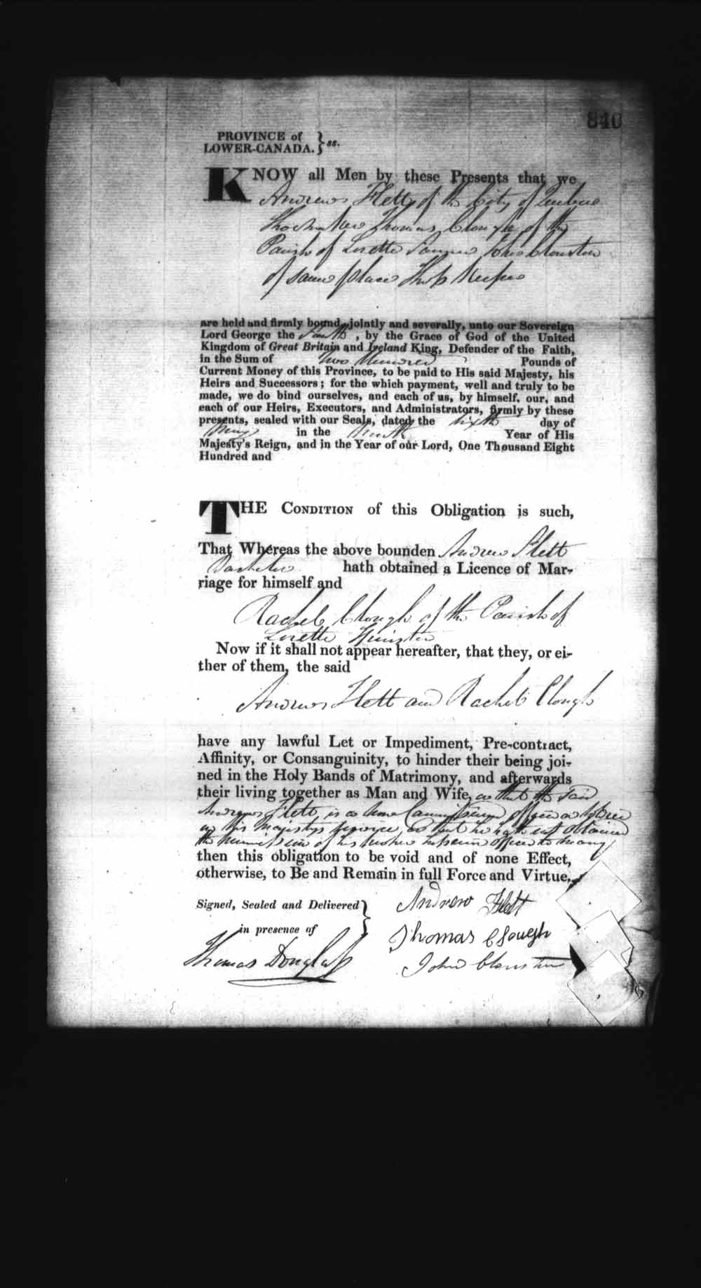 Page numérisé de Cautionnements de mariages pour le Haut-Canada et le Bas-Canada (1779-1865) pour l'image numéro: e008236926