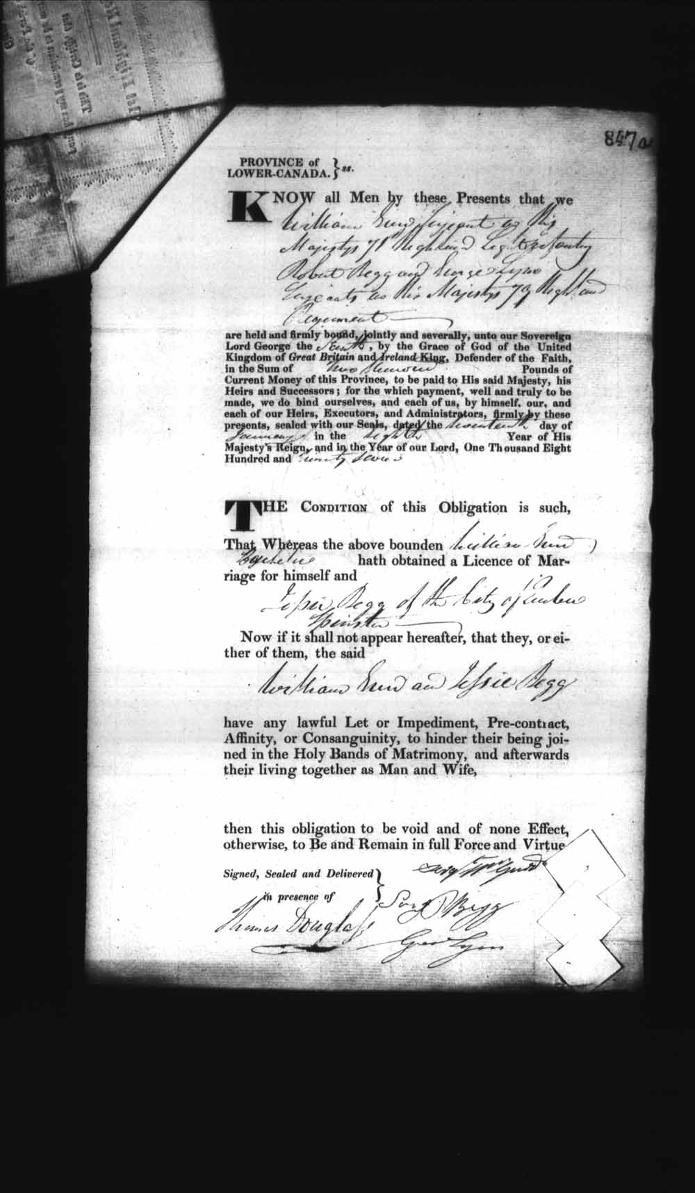 Digitized page of Upper and Lower Canada Marriage Bonds (1779-1865) for Image No.: e008236935