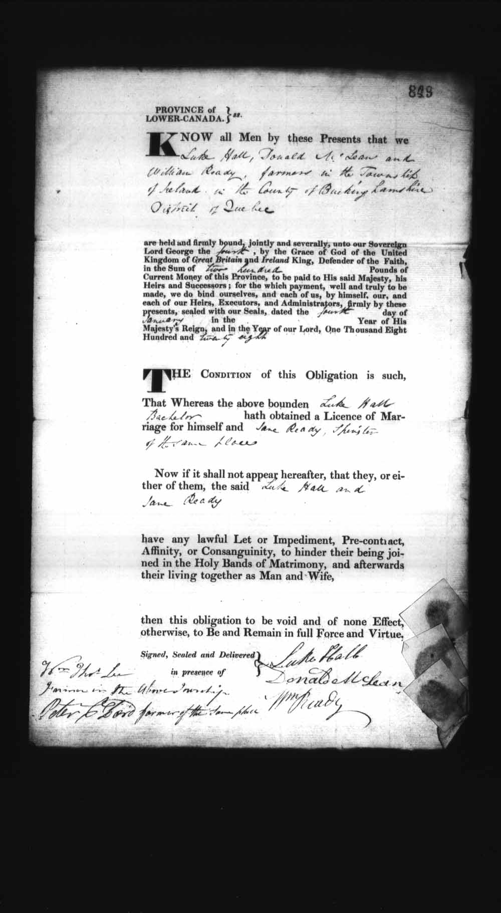 Digitized page of Upper and Lower Canada Marriage Bonds (1779-1865) for Image No.: e008236937