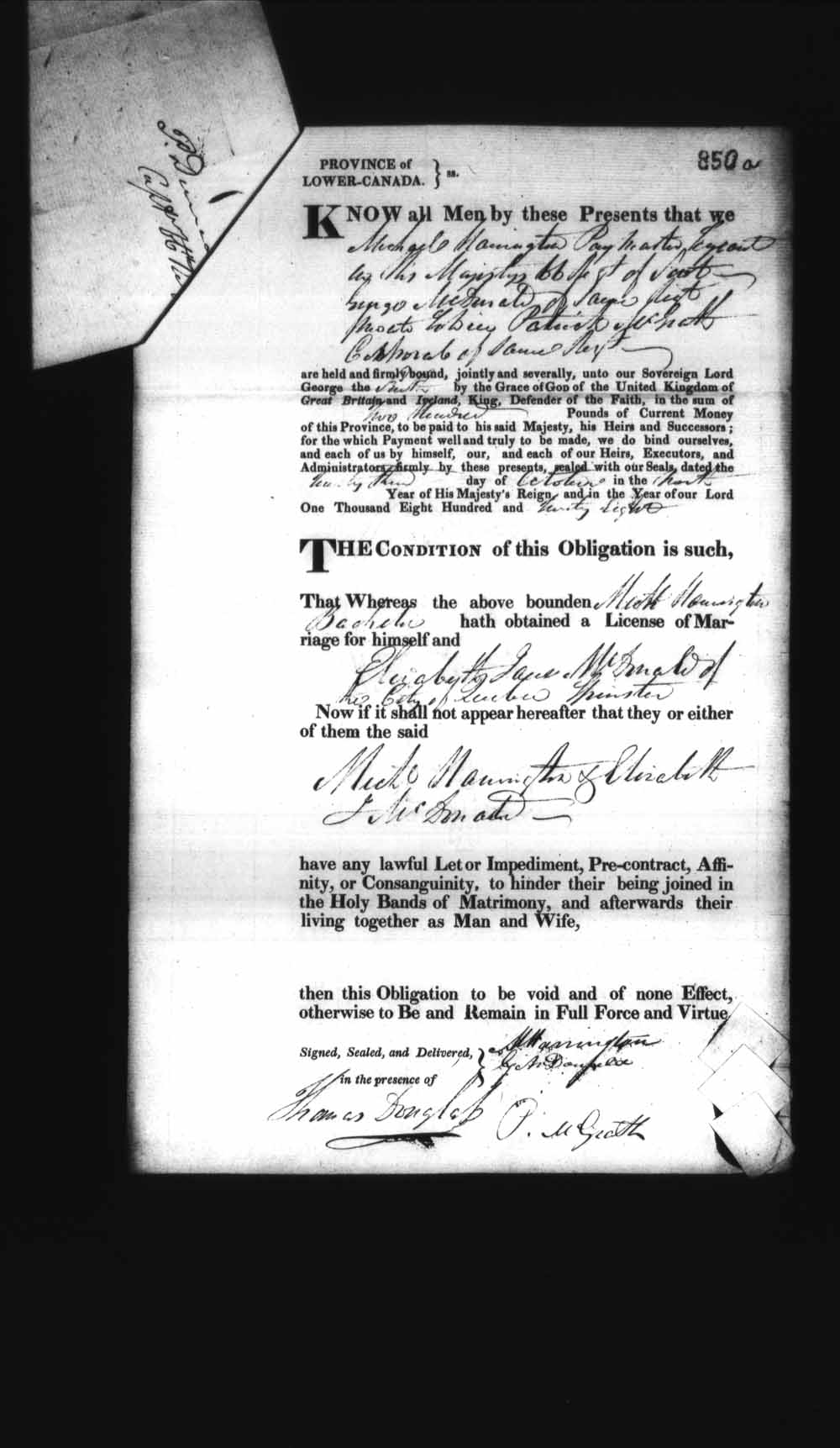 Digitized page of Upper and Lower Canada Marriage Bonds (1779-1865) for Image No.: e008236939