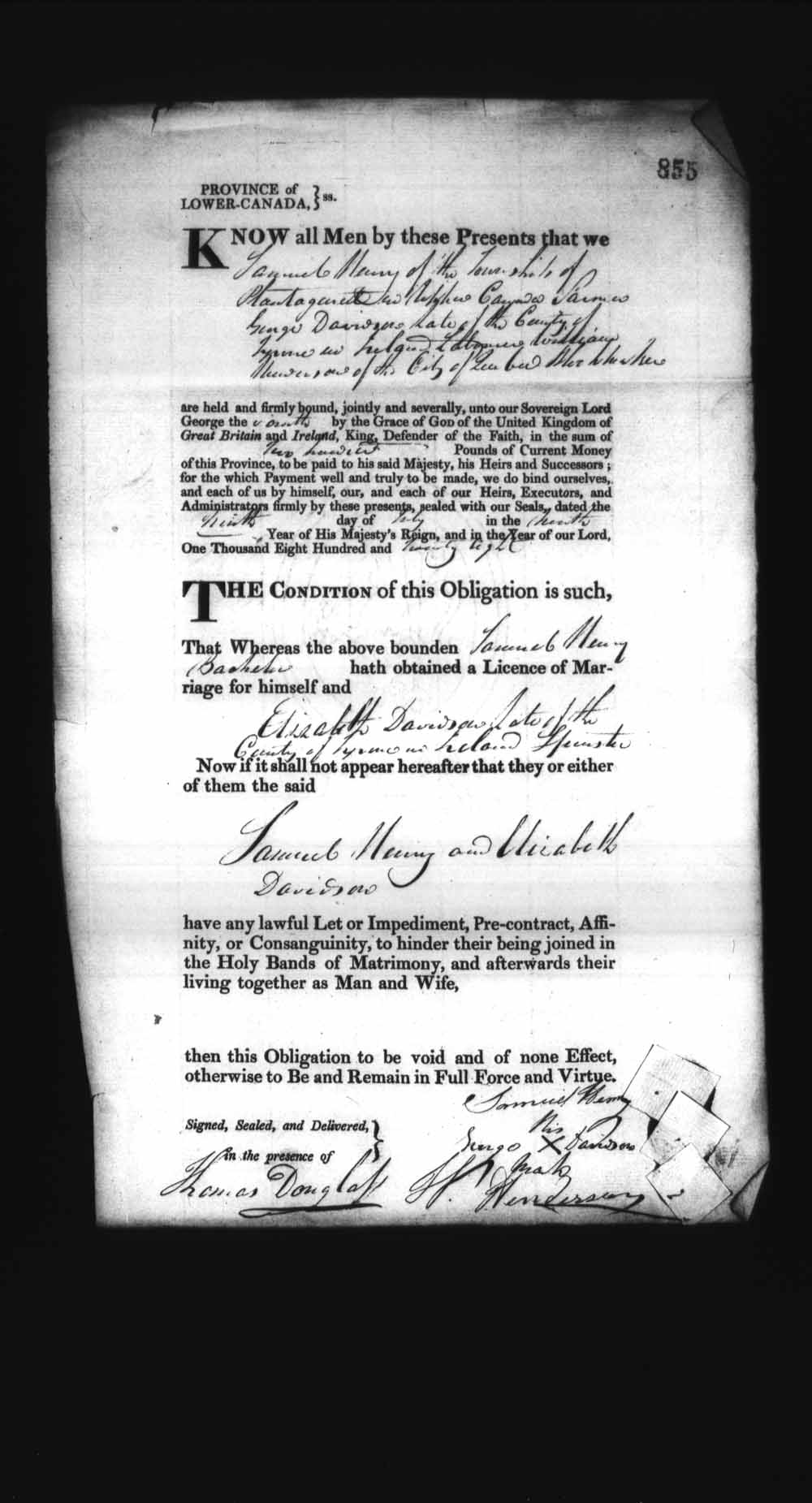 Digitized page of Upper and Lower Canada Marriage Bonds (1779-1865) for Image No.: e008236944