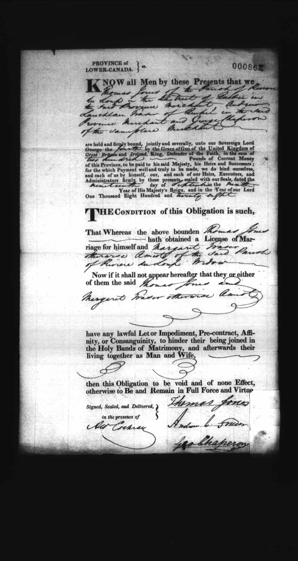 Digitized page of Upper and Lower Canada Marriage Bonds (1779-1865) for Image No.: e008236951