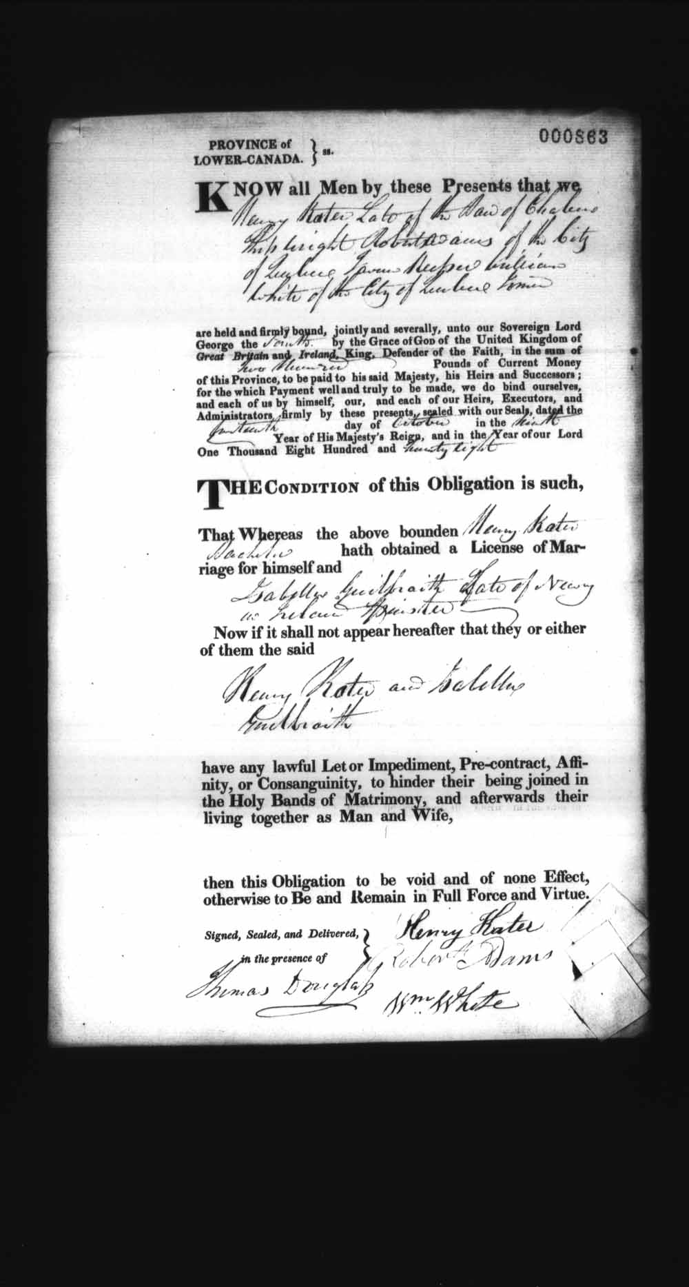 Digitized page of Upper and Lower Canada Marriage Bonds (1779-1865) for Image No.: e008236952