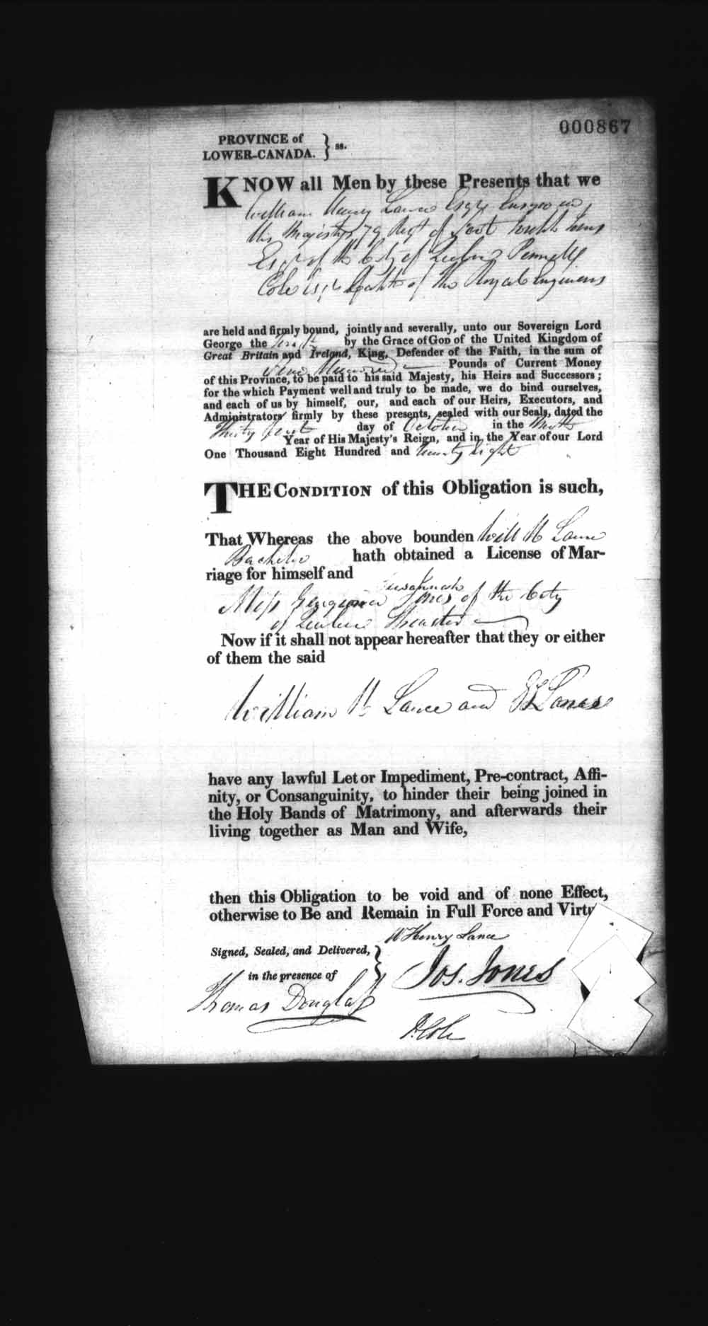 Digitized page of Upper and Lower Canada Marriage Bonds (1779-1865) for Image No.: e008236957