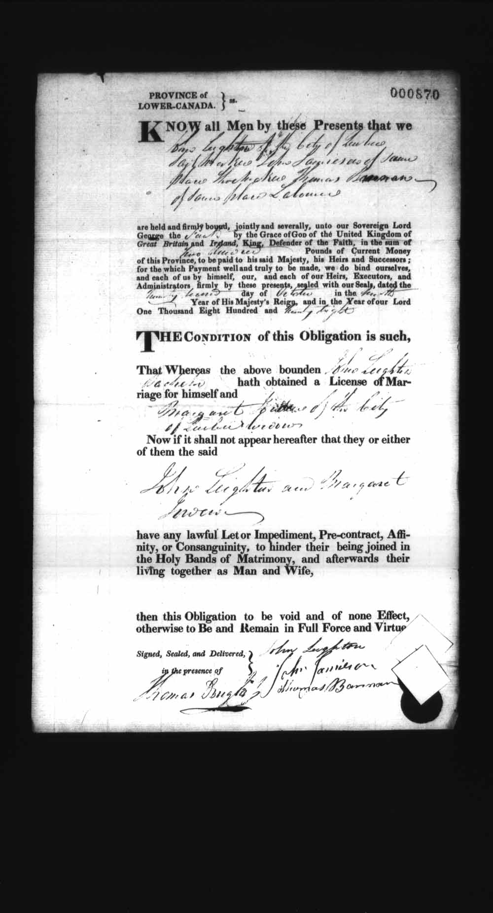 Digitized page of Upper and Lower Canada Marriage Bonds (1779-1865) for Image No.: e008236960