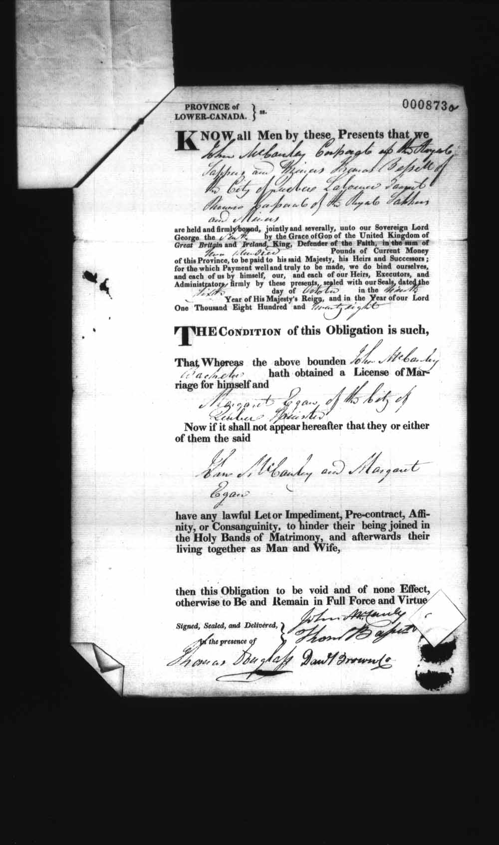 Digitized page of Upper and Lower Canada Marriage Bonds (1779-1865) for Image No.: e008236964