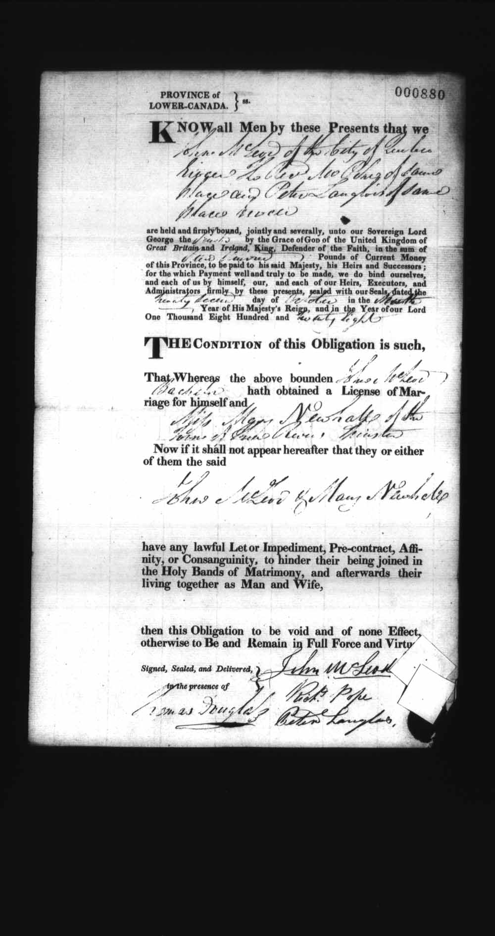 Digitized page of Upper and Lower Canada Marriage Bonds (1779-1865) for Image No.: e008236971