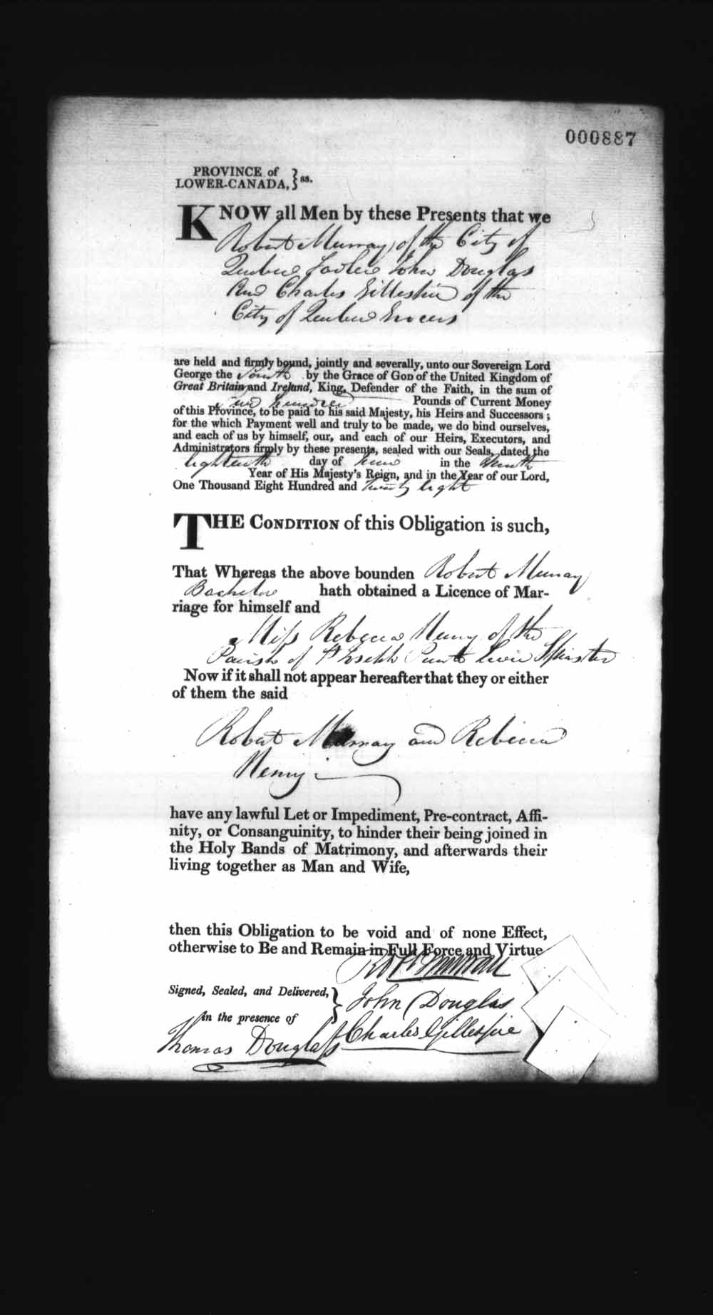 Digitized page of Upper and Lower Canada Marriage Bonds (1779-1865) for Image No.: e008236979