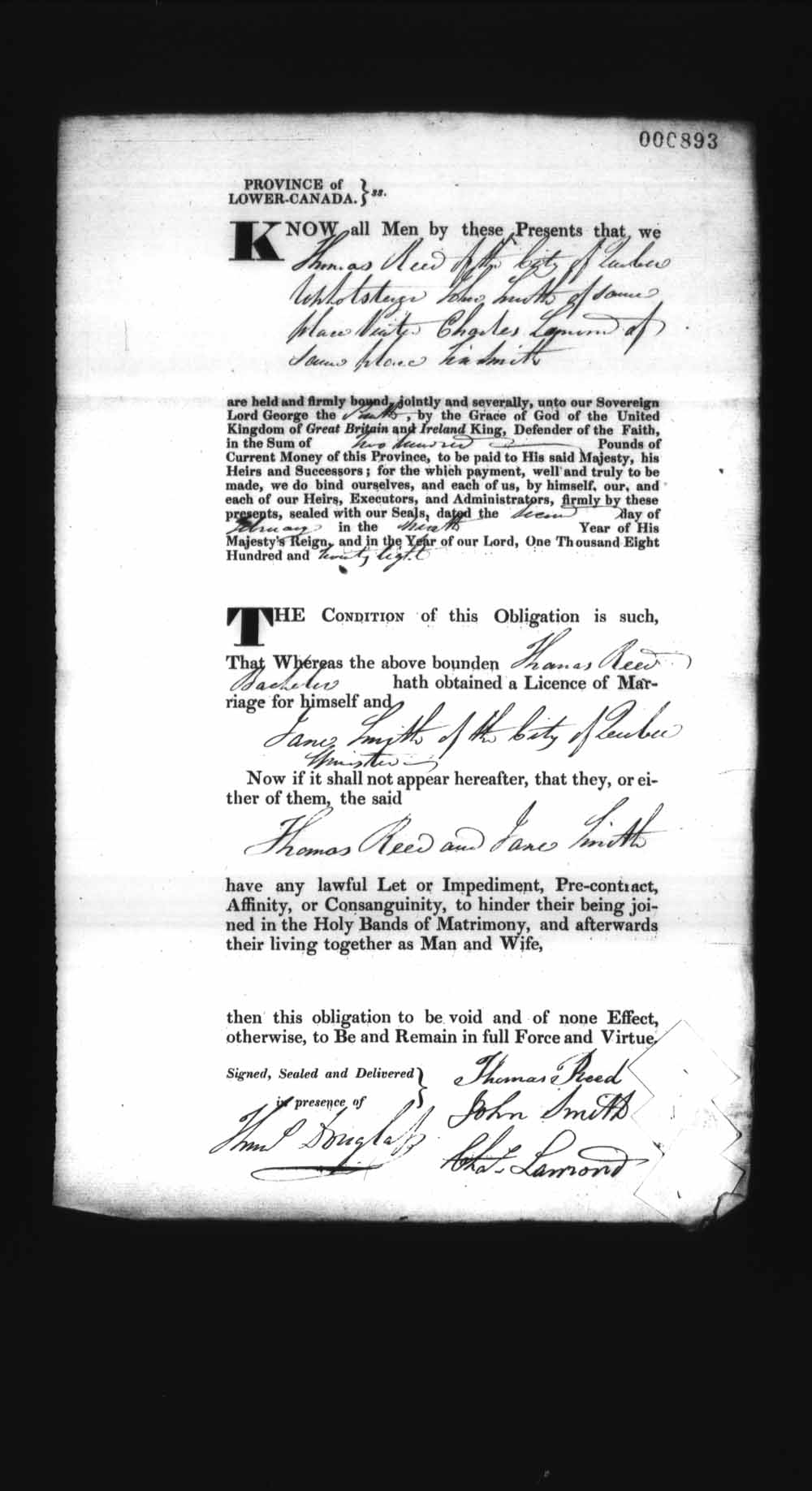 Digitized page of Upper and Lower Canada Marriage Bonds (1779-1865) for Image No.: e008236986