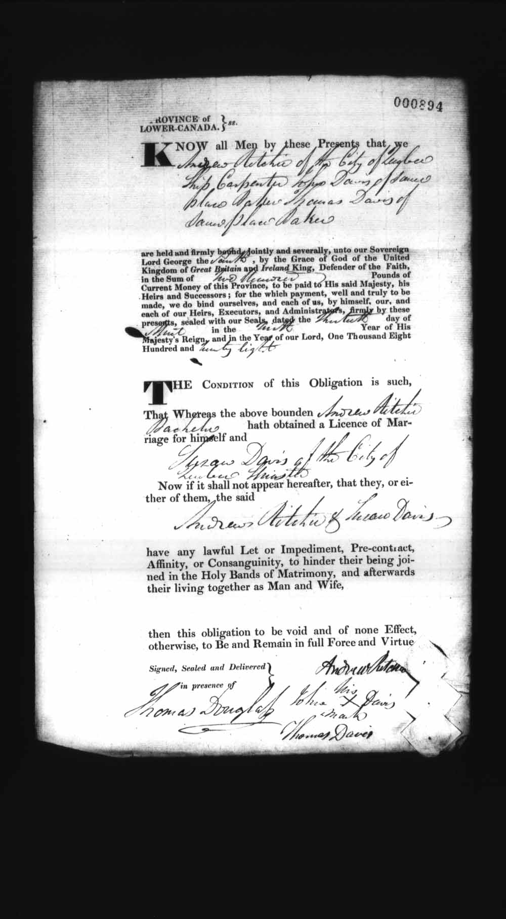 Digitized page of Upper and Lower Canada Marriage Bonds (1779-1865) for Image No.: e008236987