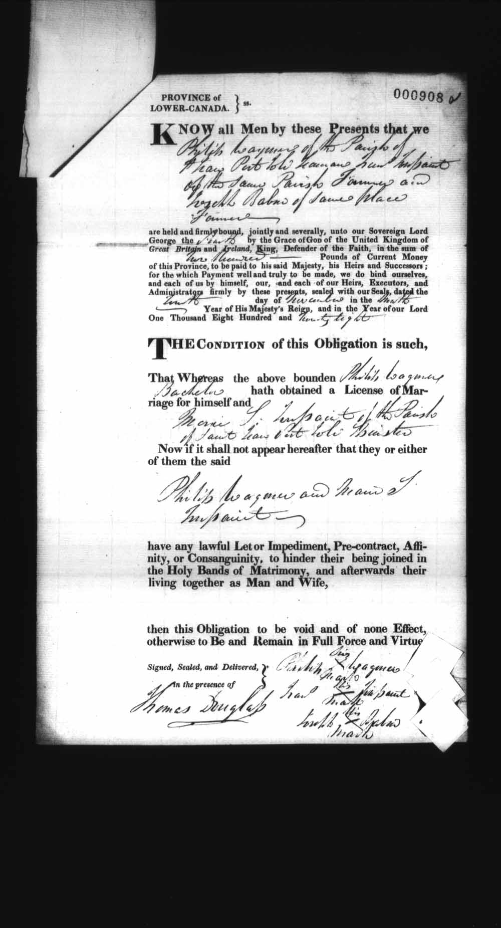 Digitized page of Upper and Lower Canada Marriage Bonds (1779-1865) for Image No.: e008237004