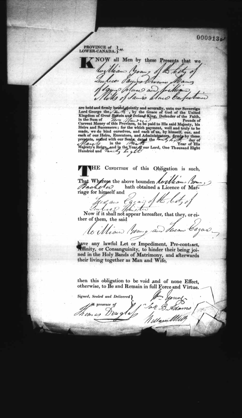 Digitized page of Upper and Lower Canada Marriage Bonds (1779-1865) for Image No.: e008237010