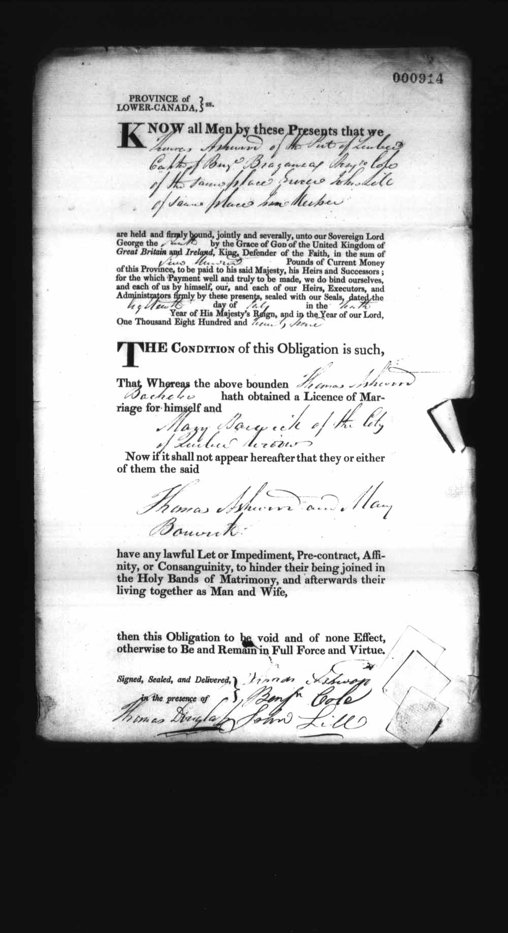 Page numérisé de Cautionnements de mariages pour le Haut-Canada et le Bas-Canada (1779-1865) pour l'image numéro: e008237014