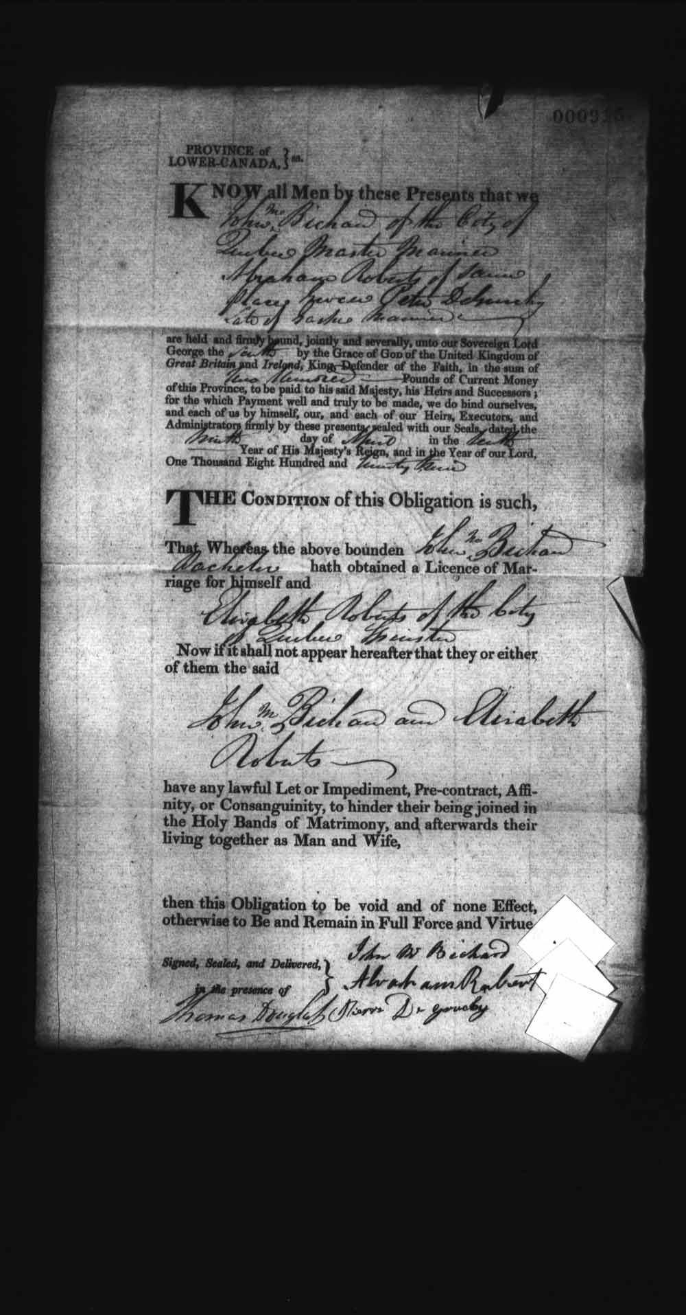 Digitized page of Upper and Lower Canada Marriage Bonds (1779-1865) for Image No.: e008237015