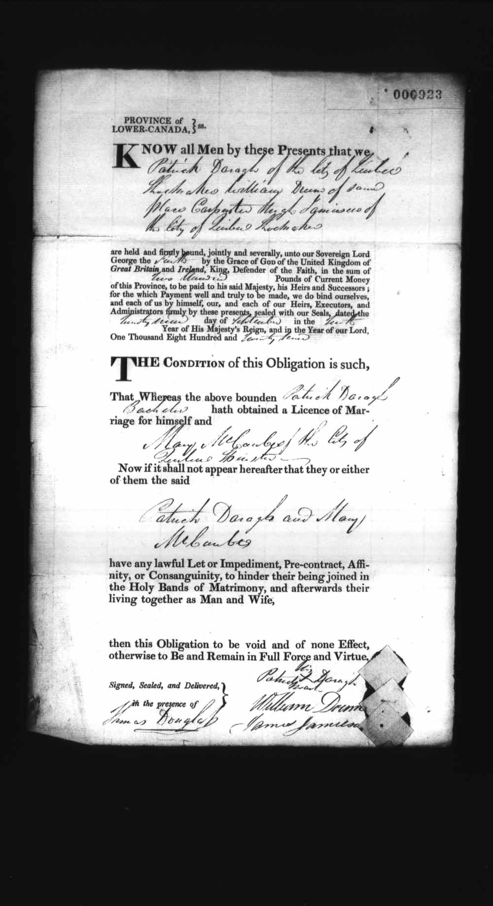 Digitized page of Upper and Lower Canada Marriage Bonds (1779-1865) for Image No.: e008237025