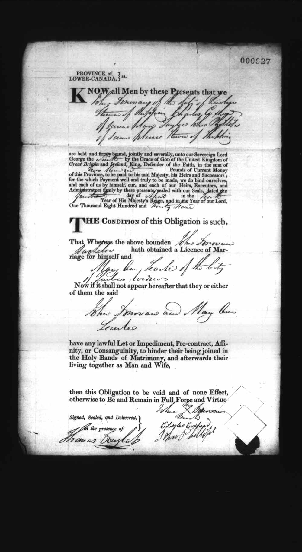 Page numérisé de Cautionnements de mariages pour le Haut-Canada et le Bas-Canada (1779-1865) pour l'image numéro: e008237031