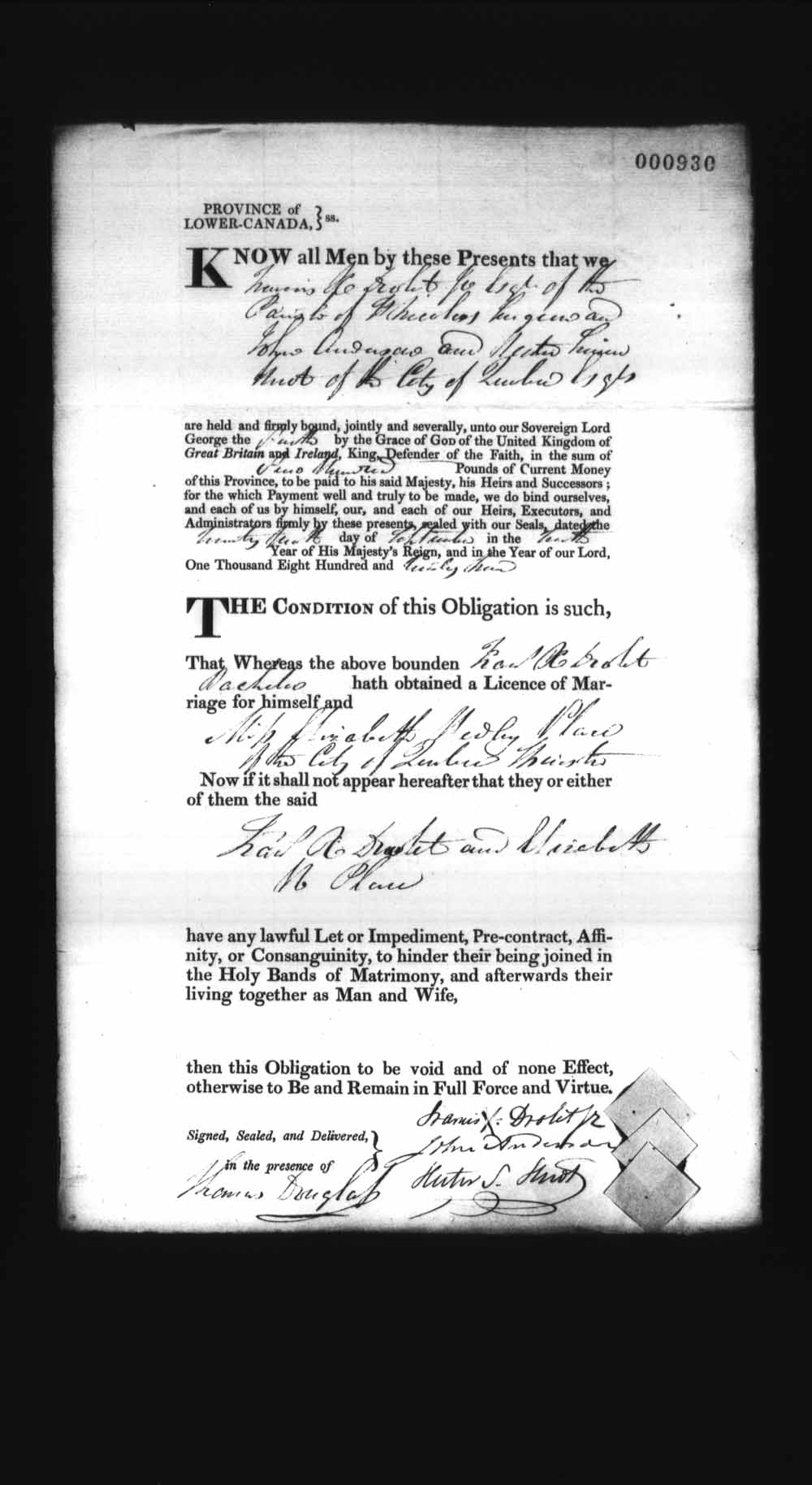 Digitized page of Upper and Lower Canada Marriage Bonds (1779-1865) for Image No.: e008237034