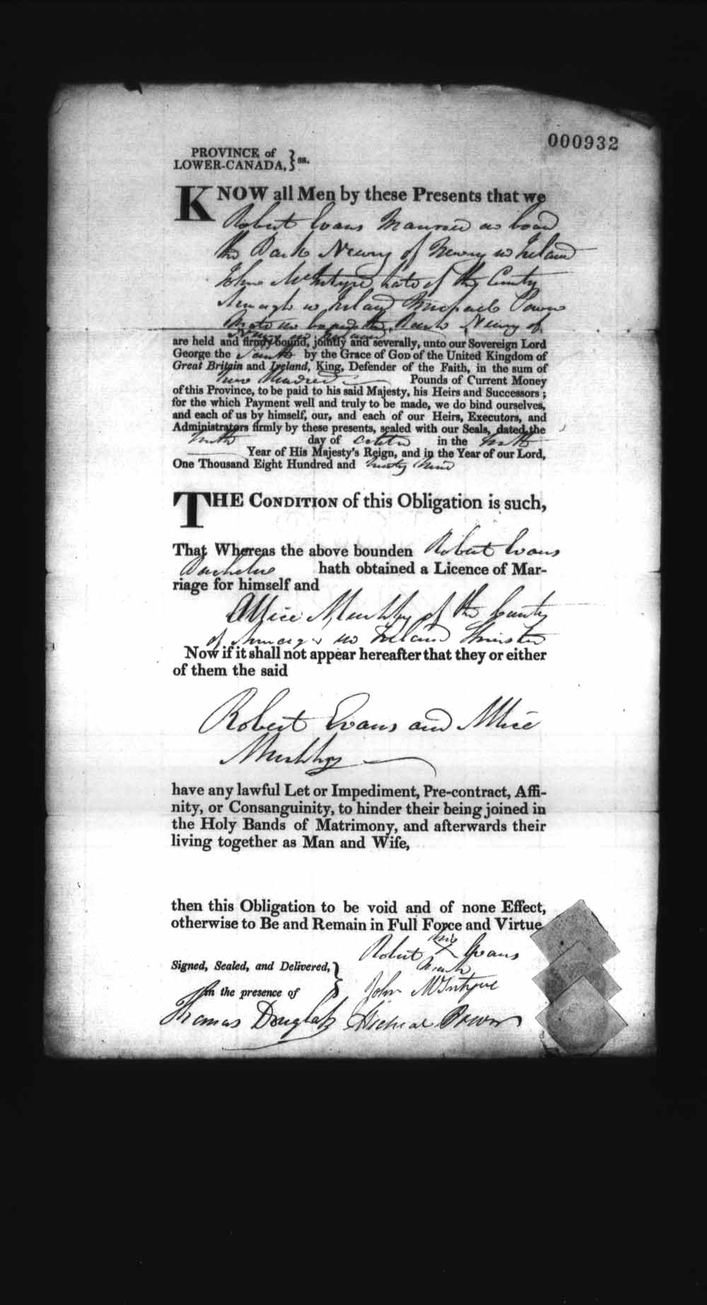 Digitized page of Upper and Lower Canada Marriage Bonds (1779-1865) for Image No.: e008237036