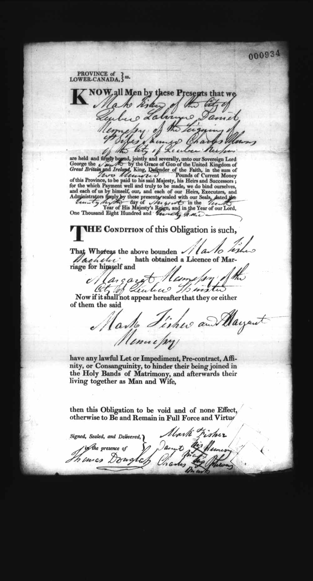 Digitized page of Upper and Lower Canada Marriage Bonds (1779-1865) for Image No.: e008237038