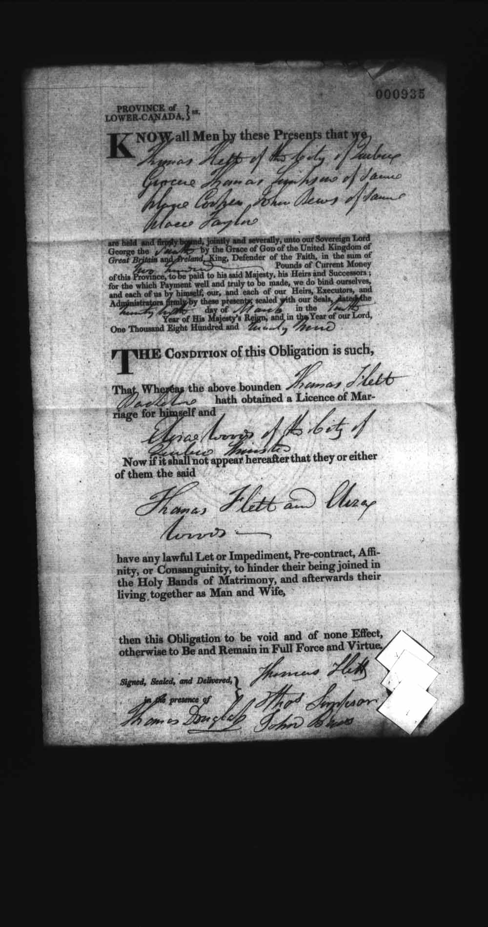 Digitized page of Upper and Lower Canada Marriage Bonds (1779-1865) for Image No.: e008237039