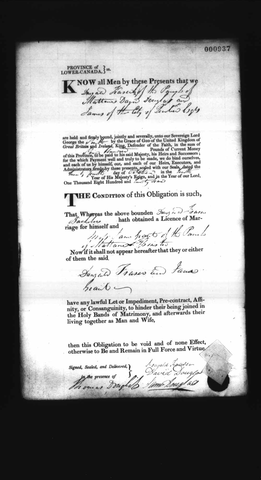 Digitized page of Upper and Lower Canada Marriage Bonds (1779-1865) for Image No.: e008237041