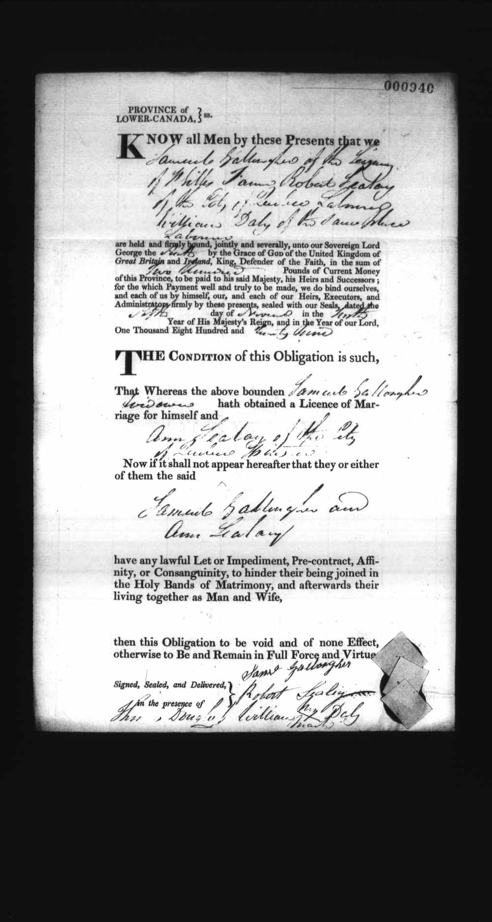 Digitized page of Upper and Lower Canada Marriage Bonds (1779-1865) for Image No.: e008237045