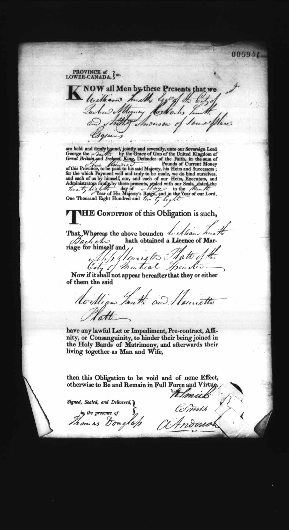 Digitized page of Upper and Lower Canada Marriage Bonds (1779-1865) for Image No.: e008237046