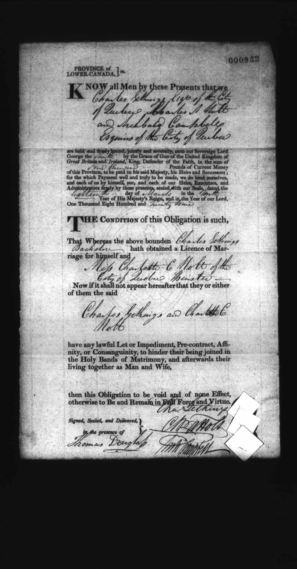 Page numérisé de Cautionnements de mariages pour le Haut-Canada et le Bas-Canada (1779-1865) pour l'image numéro: e008237047