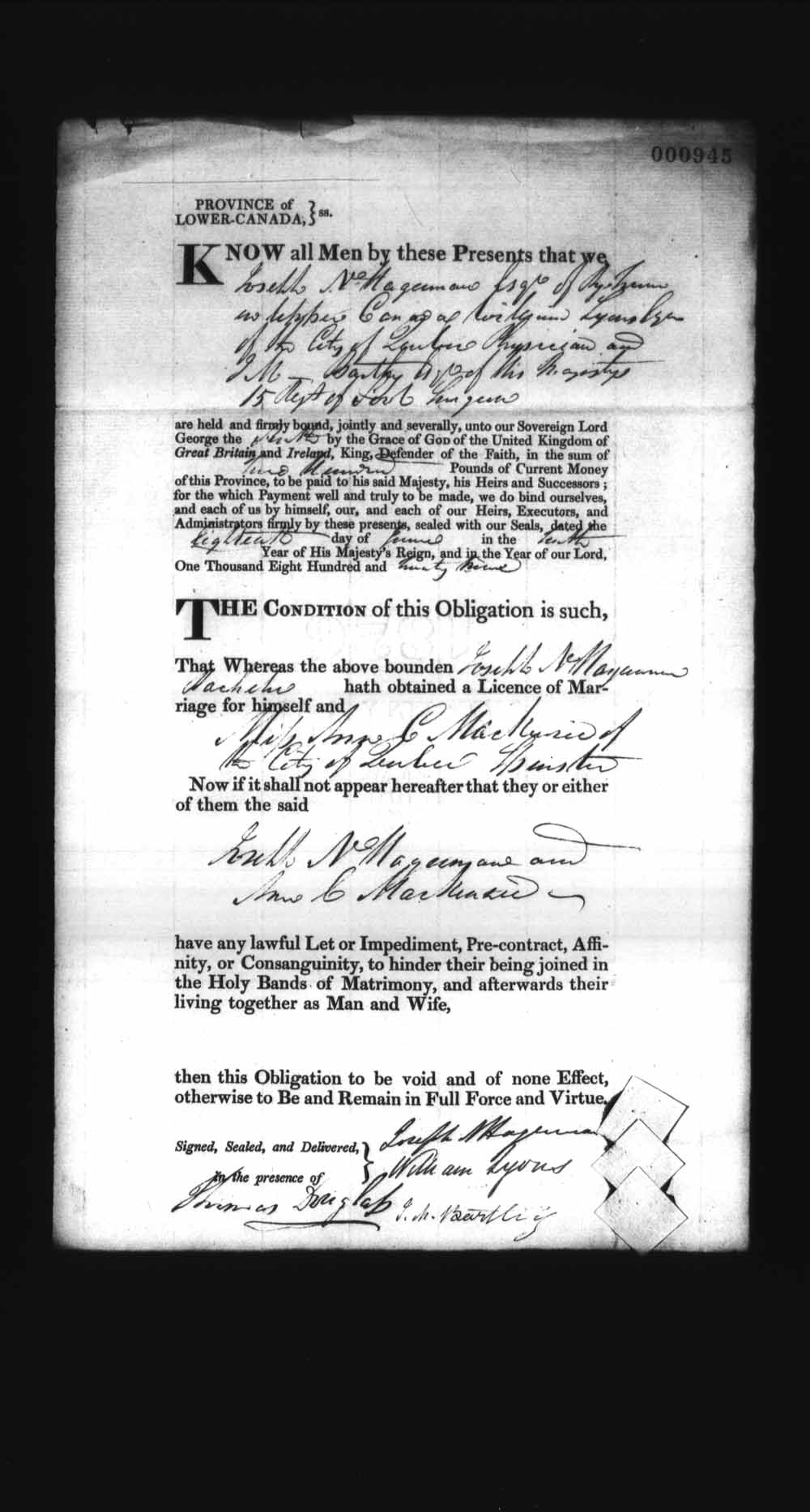 Digitized page of Upper and Lower Canada Marriage Bonds (1779-1865) for Image No.: e008237051