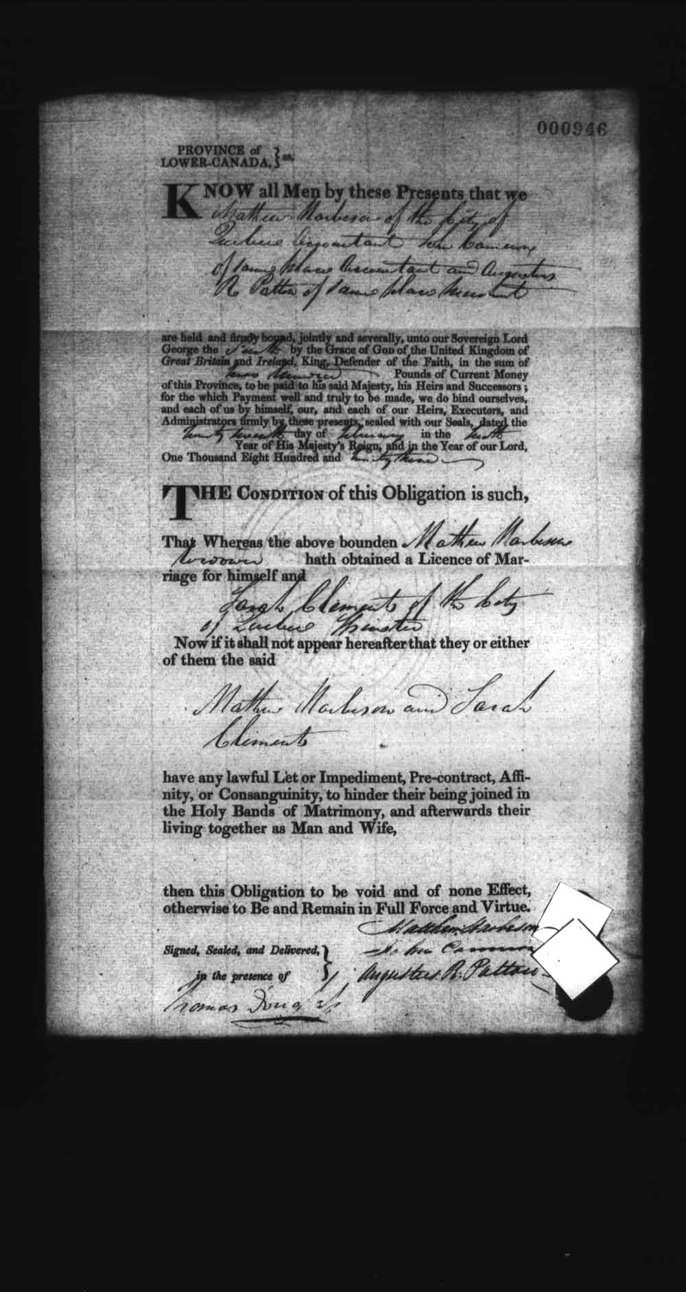 Digitized page of Upper and Lower Canada Marriage Bonds (1779-1865) for Image No.: e008237052