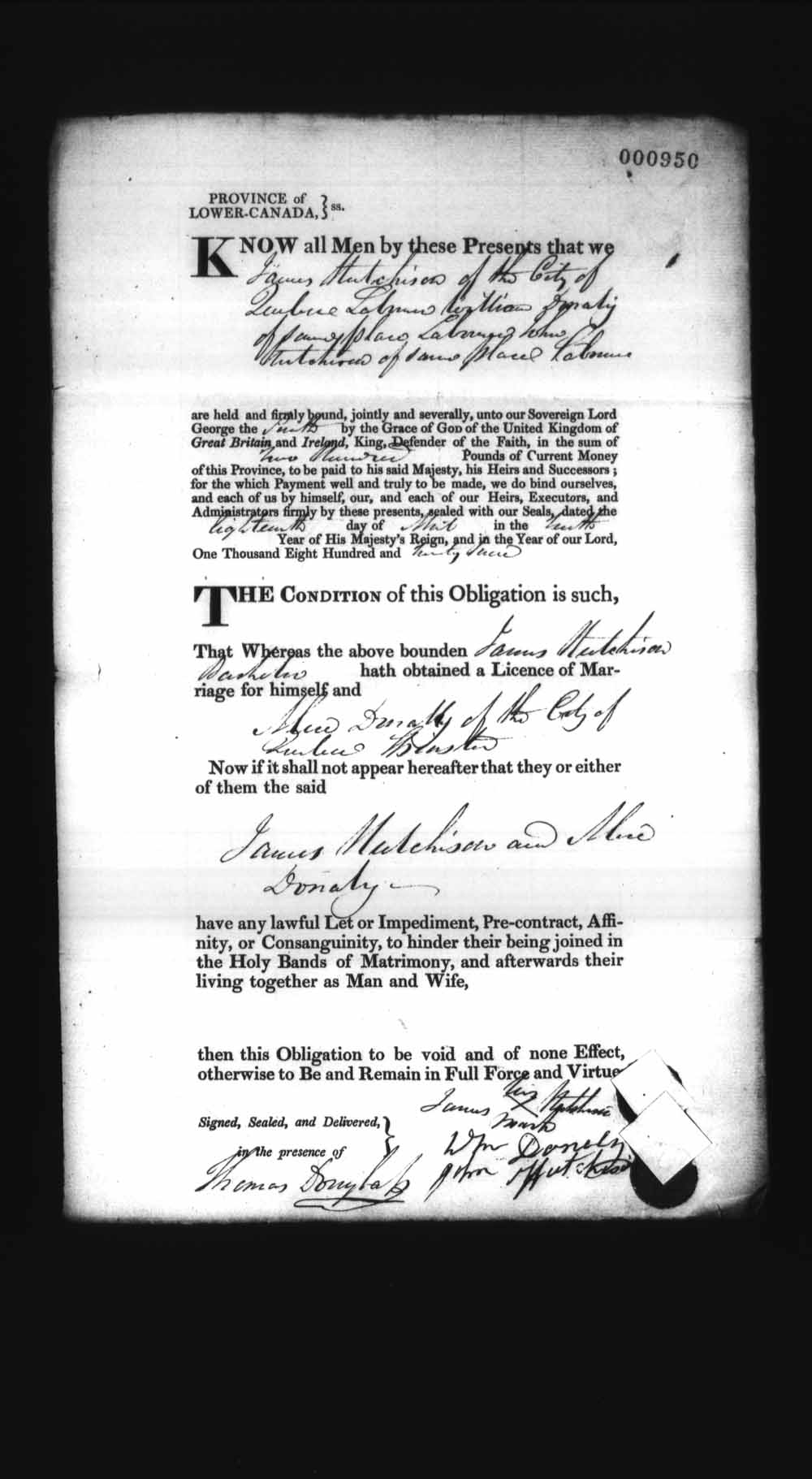 Digitized page of Upper and Lower Canada Marriage Bonds (1779-1865) for Image No.: e008237056