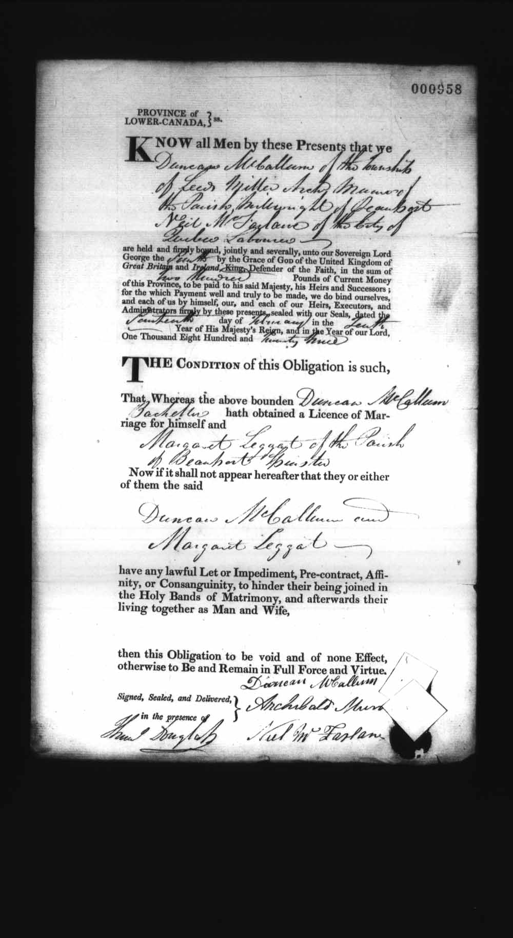 Digitized page of Upper and Lower Canada Marriage Bonds (1779-1865) for Image No.: e008237065