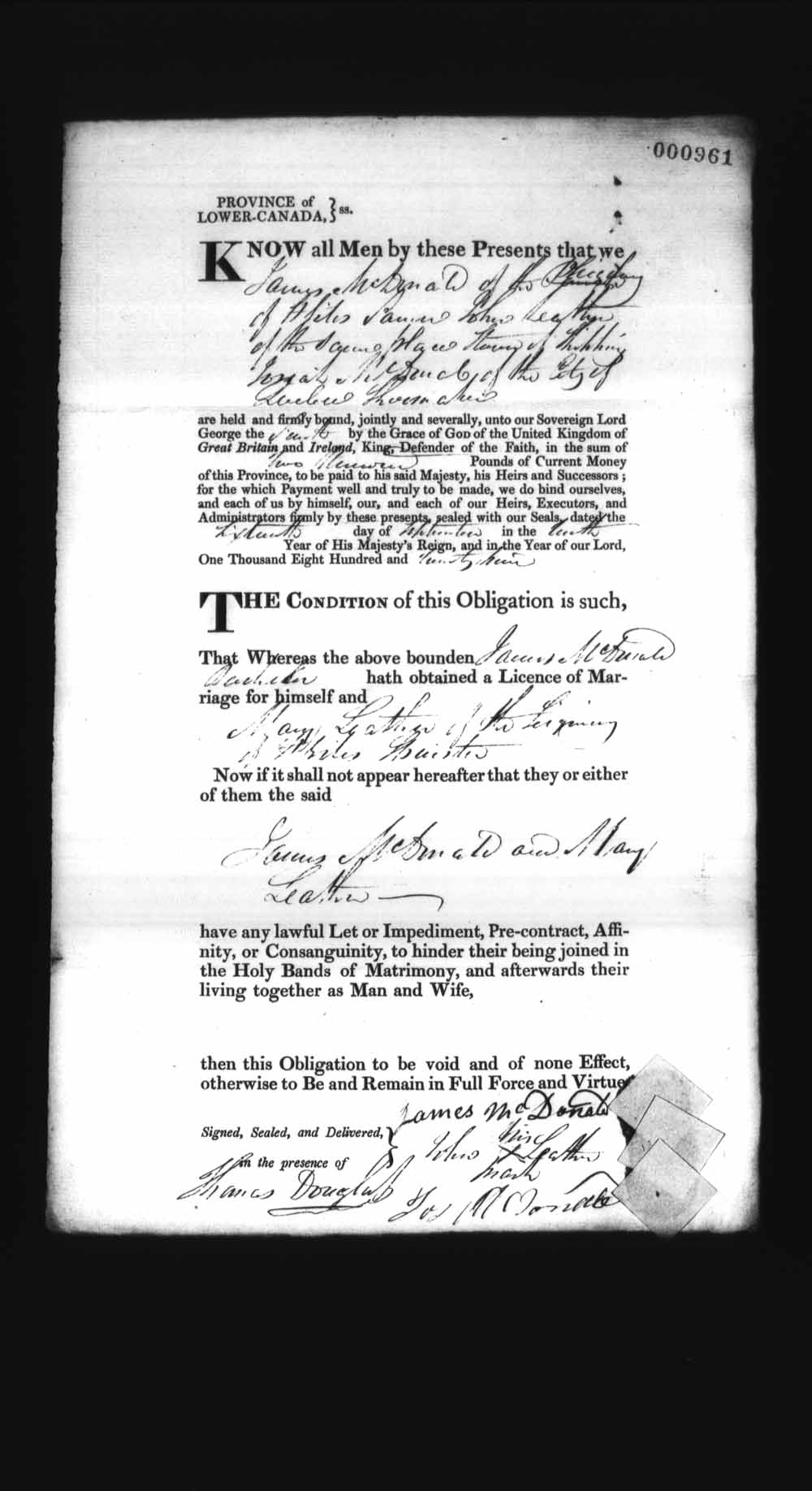 Digitized page of Upper and Lower Canada Marriage Bonds (1779-1865) for Image No.: e008237068