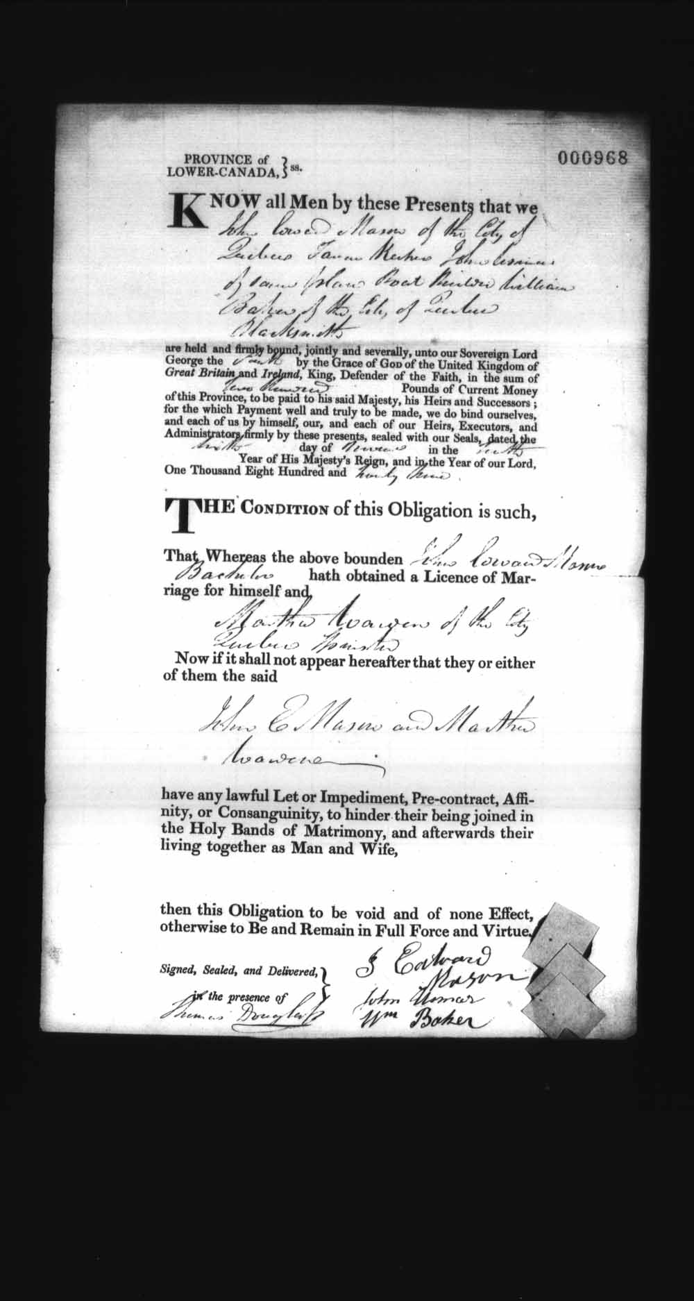 Page numérisé de Cautionnements de mariages pour le Haut-Canada et le Bas-Canada (1779-1865) pour l'image numéro: e008237077