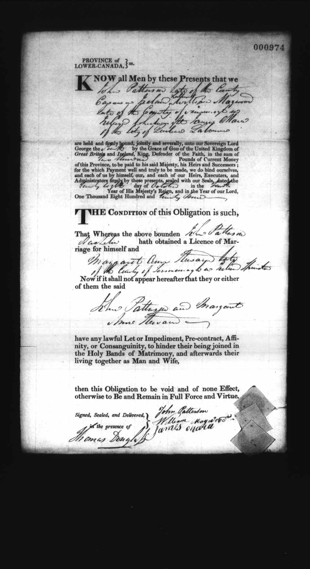 Digitized page of Upper and Lower Canada Marriage Bonds (1779-1865) for Image No.: e008237085