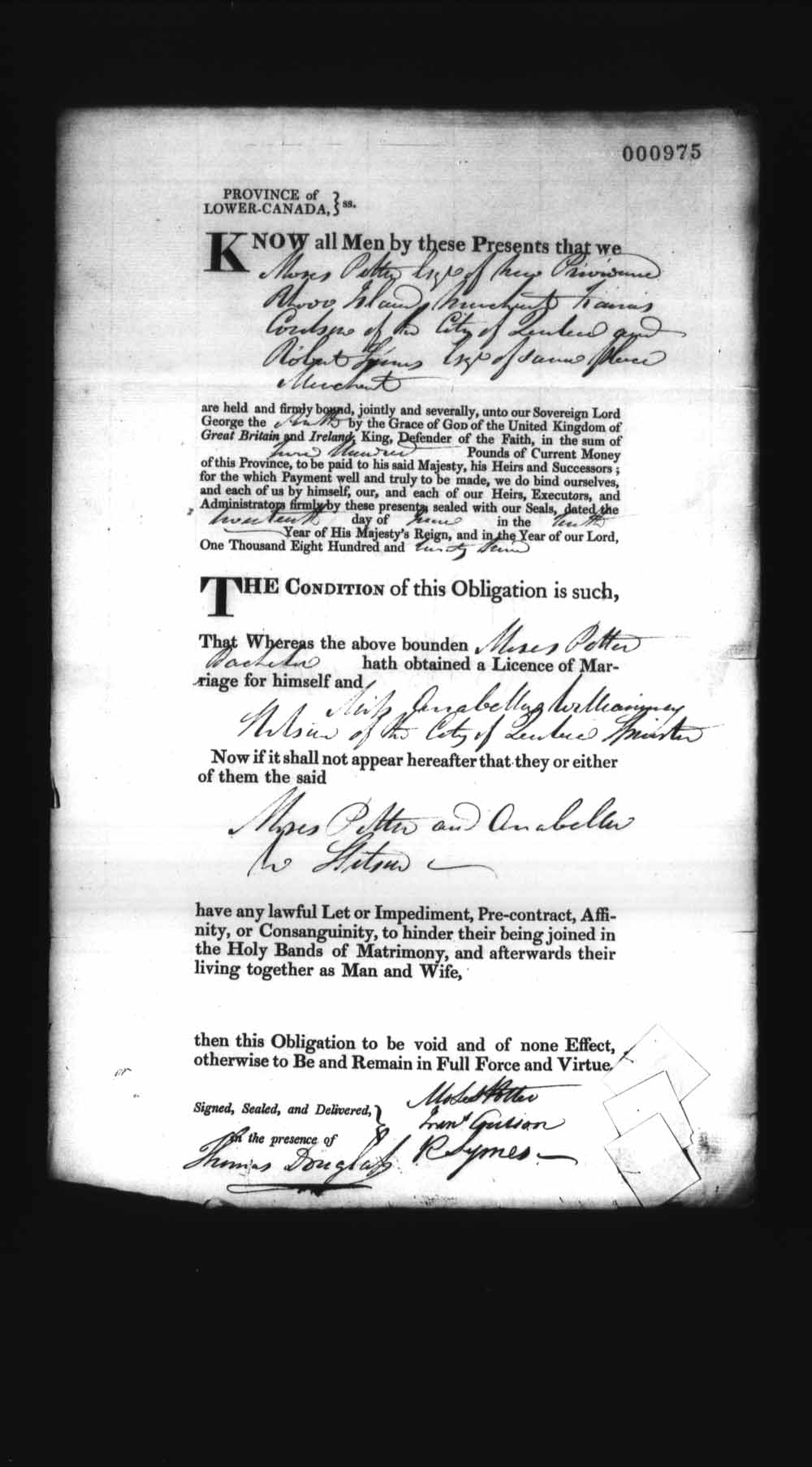 Digitized page of Upper and Lower Canada Marriage Bonds (1779-1865) for Image No.: e008237086