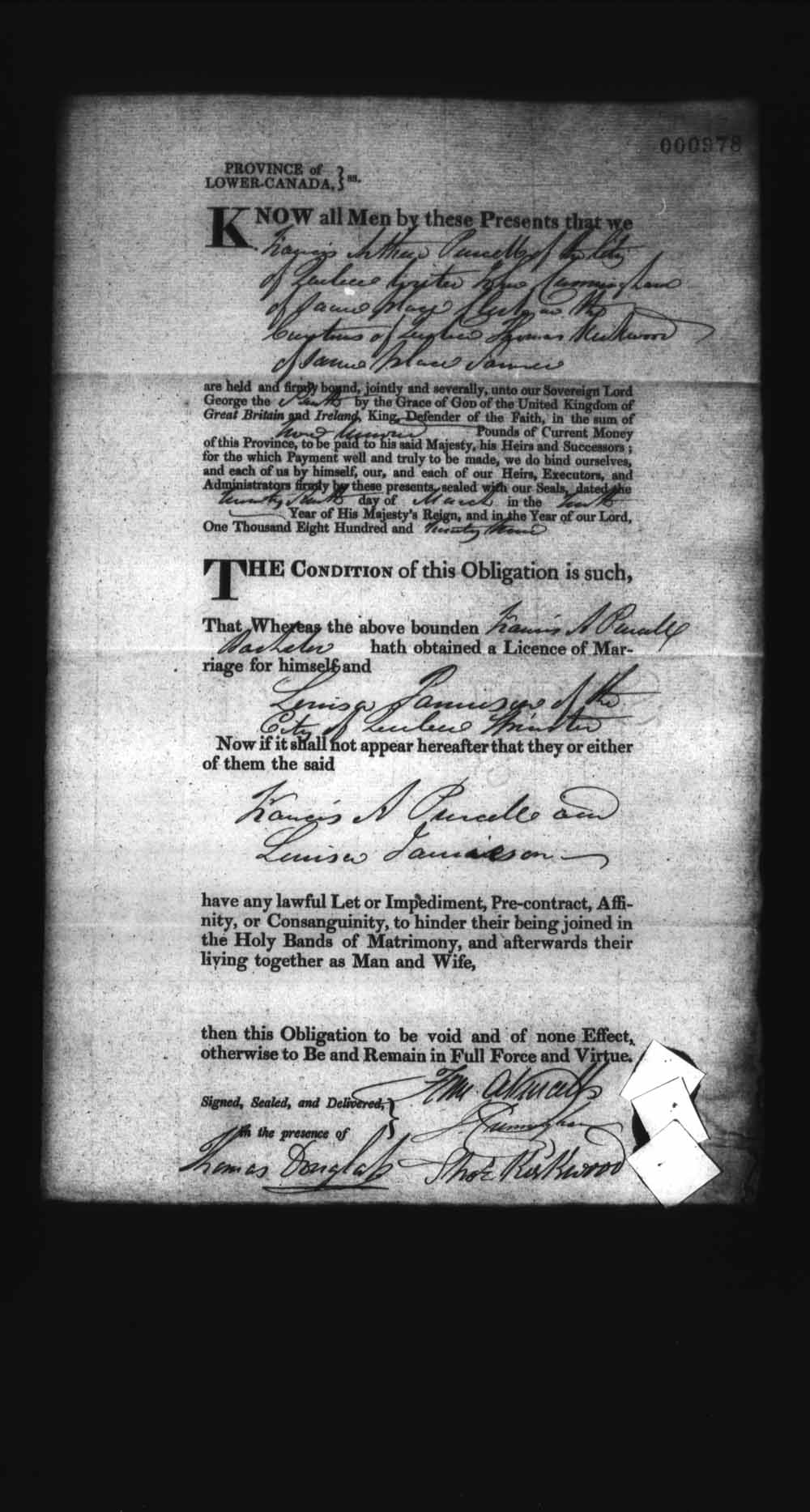 Page numérisé de Cautionnements de mariages pour le Haut-Canada et le Bas-Canada (1779-1865) pour l'image numéro: e008237089