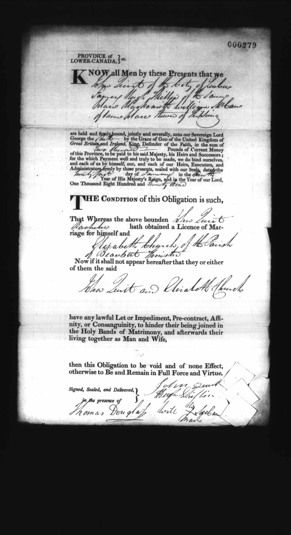 Digitized page of Upper and Lower Canada Marriage Bonds (1779-1865) for Image No.: e008237090