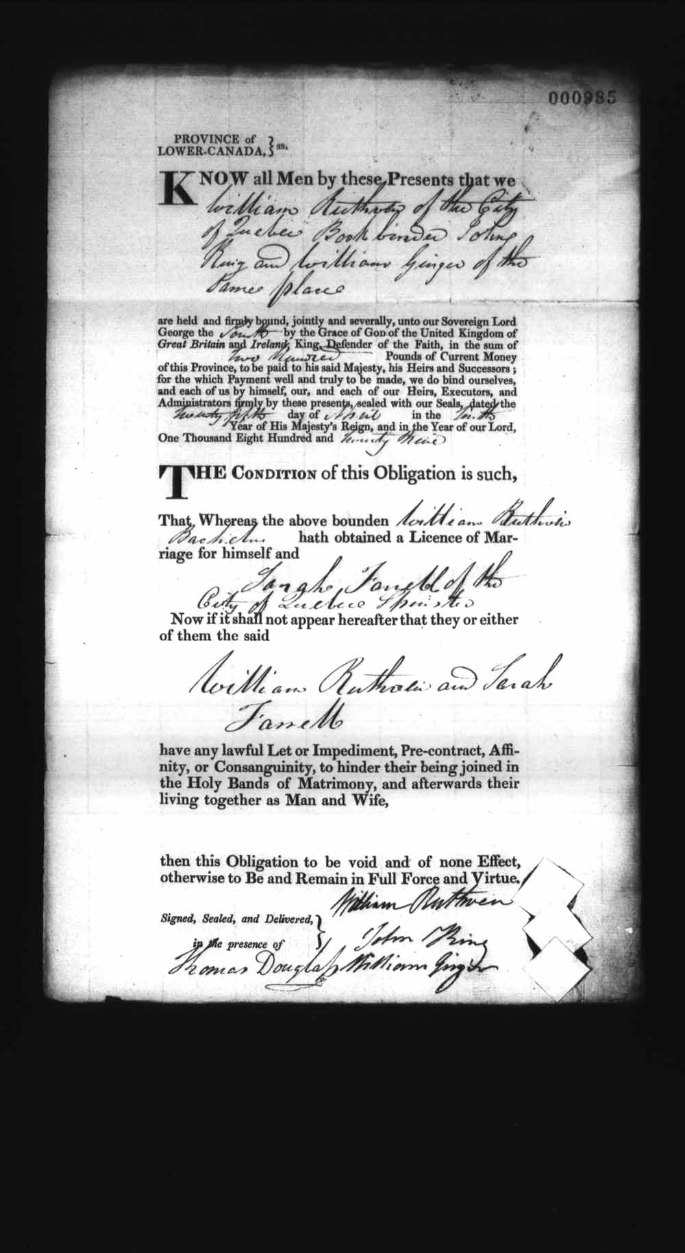 Page numérisé de Cautionnements de mariages pour le Haut-Canada et le Bas-Canada (1779-1865) pour l'image numéro: e008237097