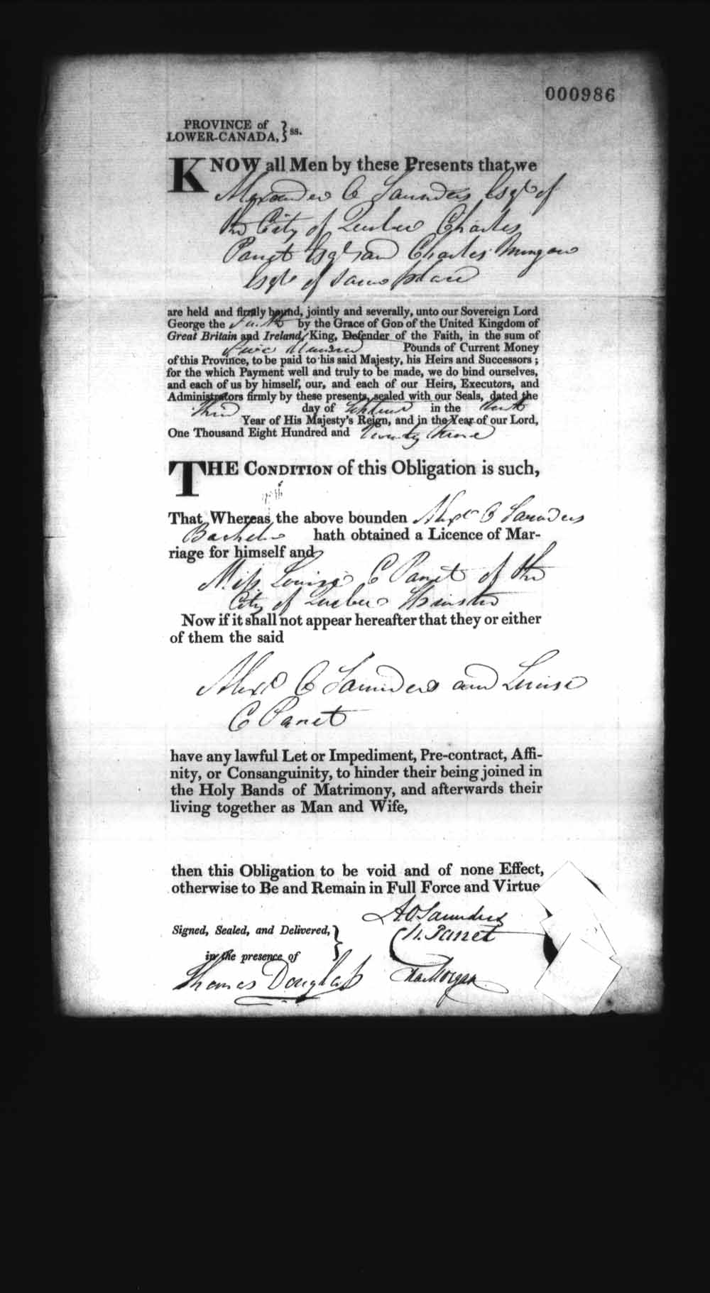 Digitized page of Upper and Lower Canada Marriage Bonds (1779-1865) for Image No.: e008237098