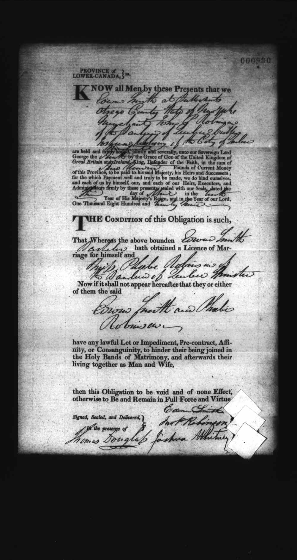 Digitized page of Upper and Lower Canada Marriage Bonds (1779-1865) for Image No.: e008237103
