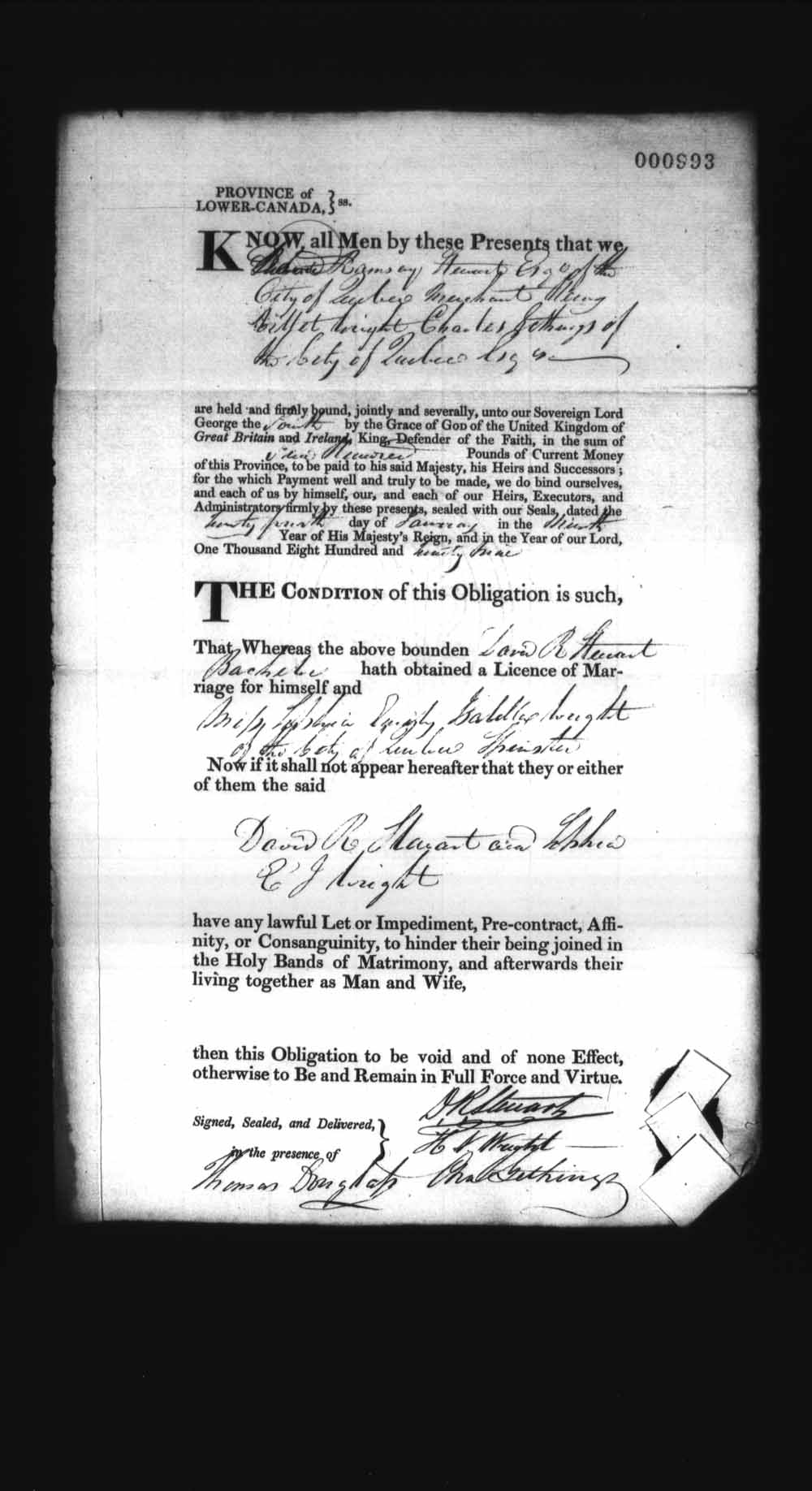 Digitized page of Upper and Lower Canada Marriage Bonds (1779-1865) for Image No.: e008237108