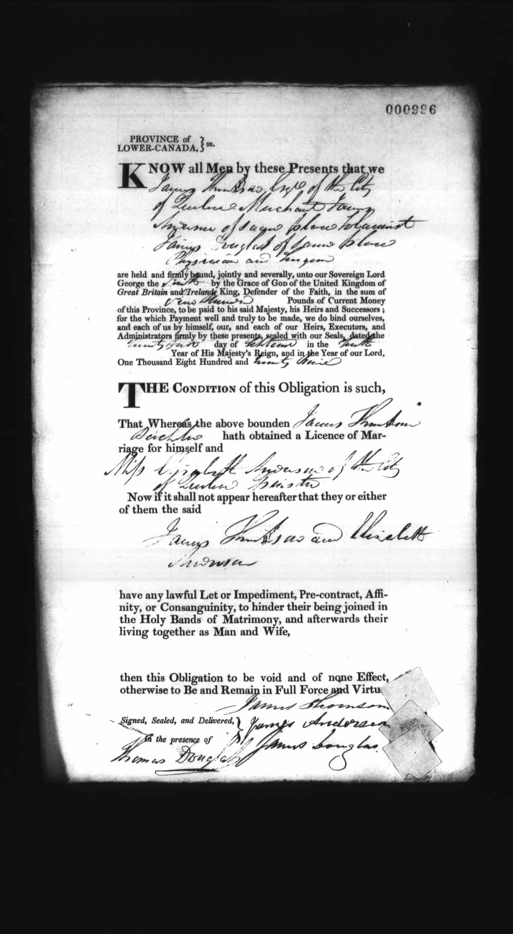 Digitized page of Upper and Lower Canada Marriage Bonds (1779-1865) for Image No.: e008237112