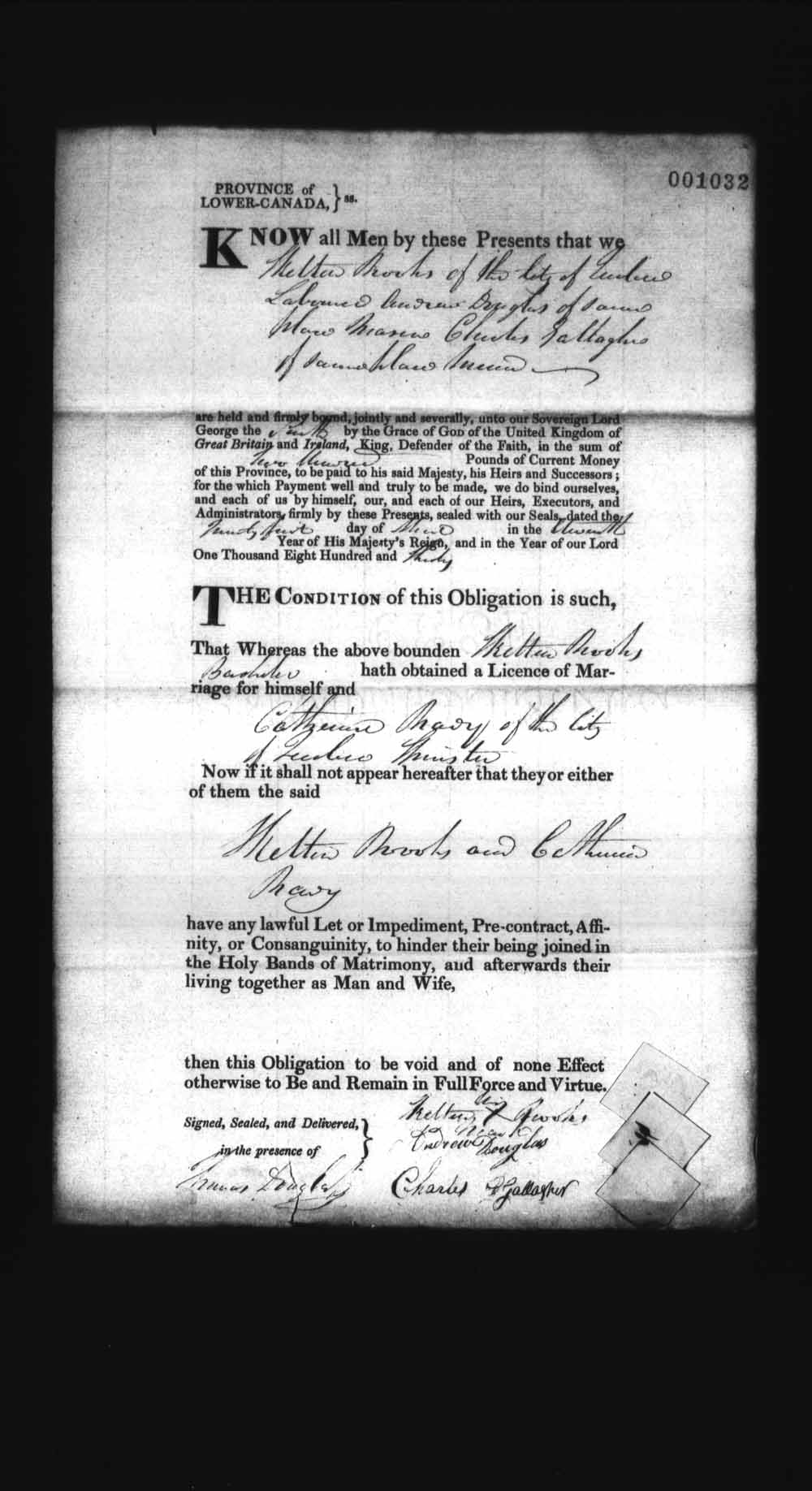 Digitized page of Upper and Lower Canada Marriage Bonds (1779-1865) for Image No.: e008237153