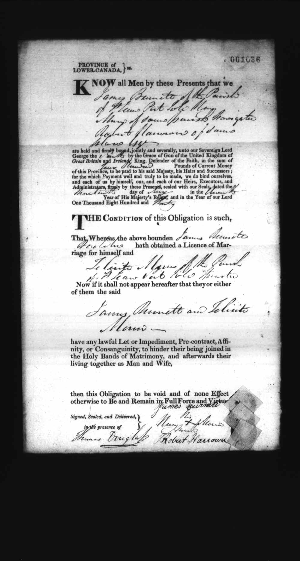 Page numérisé de Cautionnements de mariages pour le Haut-Canada et le Bas-Canada (1779-1865) pour l'image numéro: e008237157