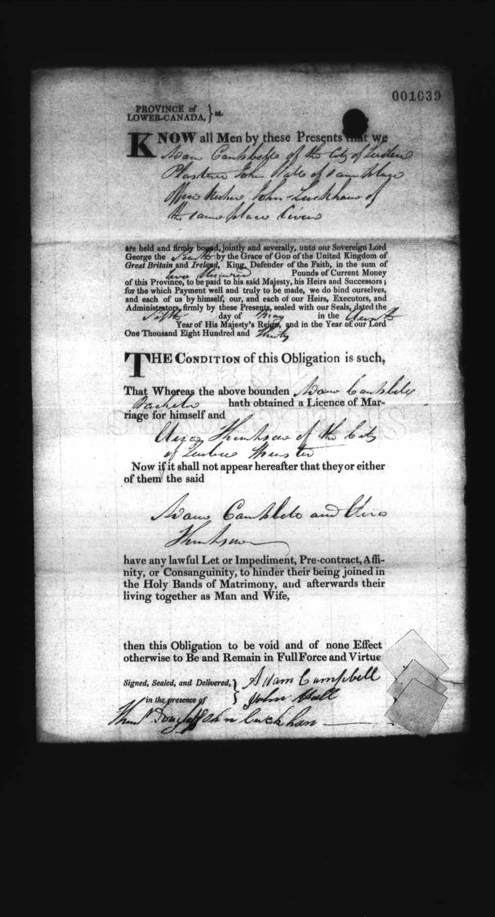 Digitized page of Upper and Lower Canada Marriage Bonds (1779-1865) for Image No.: e008237161